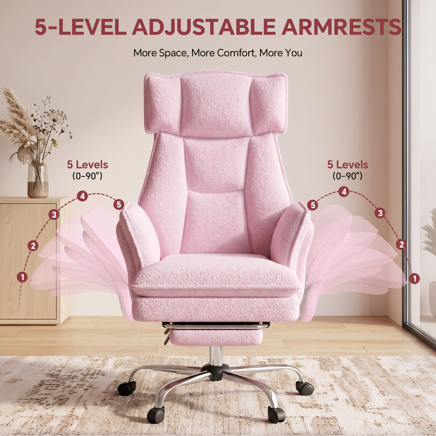 Mr IRONSTONE High Back Reclining Office Chair, Plush Teddy Fabric Desk Chair with Pull-Out Footrest and Flip-Up Arms for Home Office, Pink