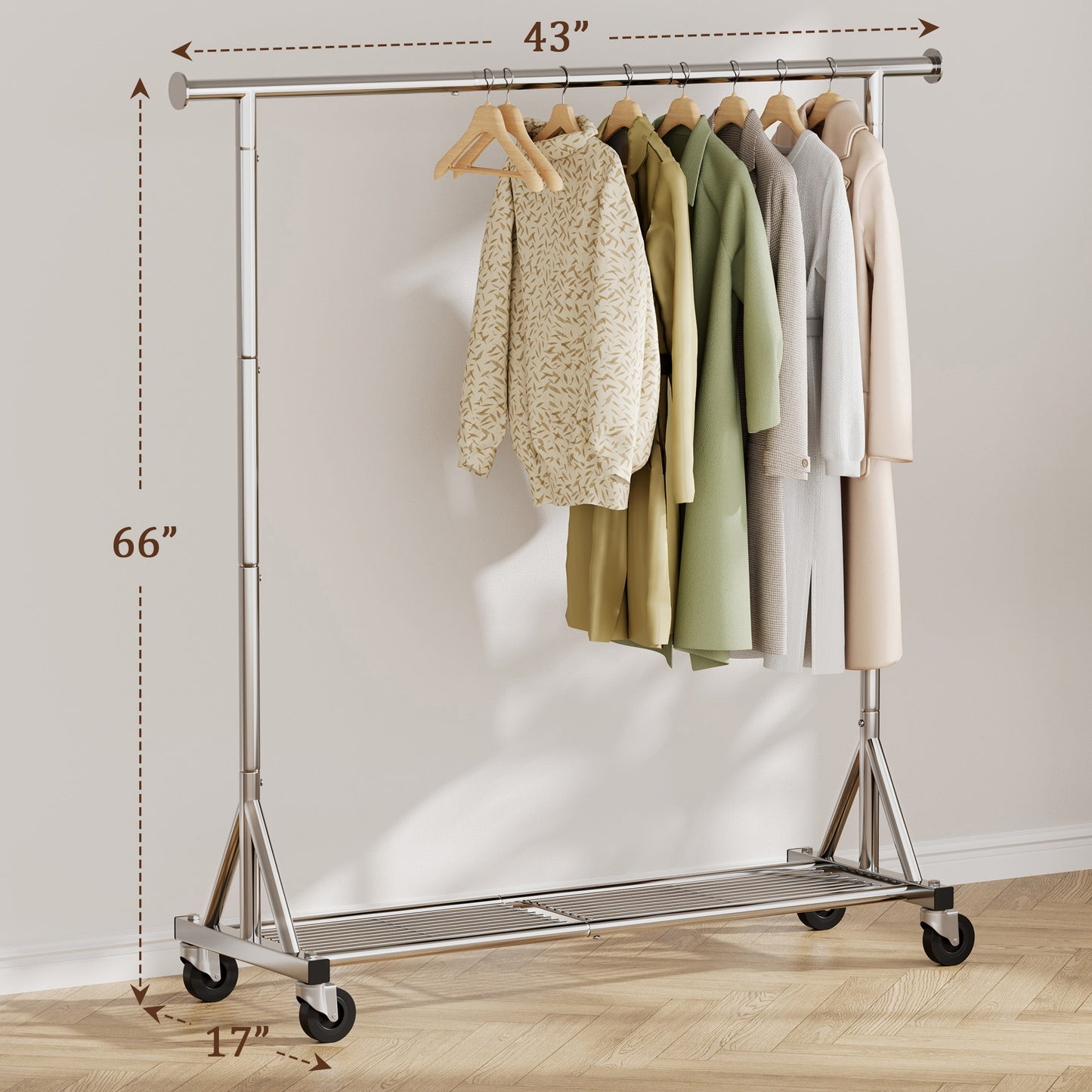 Mr IRONSTONE Heavy Duty Clothes Rack, Rolling Garment Rack with Lockable Wheels & Bottom Shelf, Space-Saving Metal Closet Organizer for Bedroom Laundry, Silver