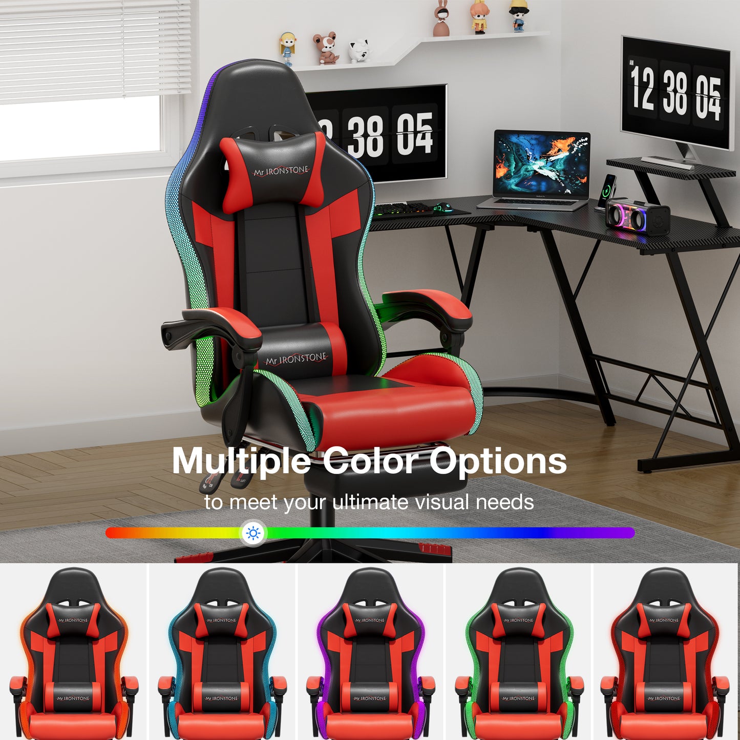 Mr IRONSTONE RGB Gaming Chair with Footrest, Ergonomic Computer Desk Chair with Lumbar Support and Adjustable LED Lights, 135° Reclining, Red