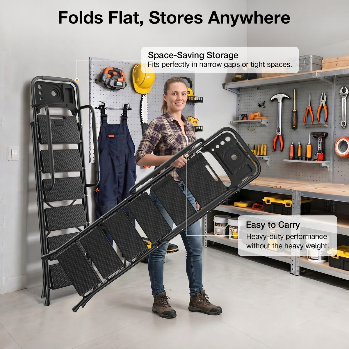 Mr IRONSTONE 6 Step Ladder for Adults, 800lbs Heavy Duty Folding Ladder with Tool Tray, Upgraded Non Slip Handrails and Anti Slip Pedal for Home Office Garage, Black