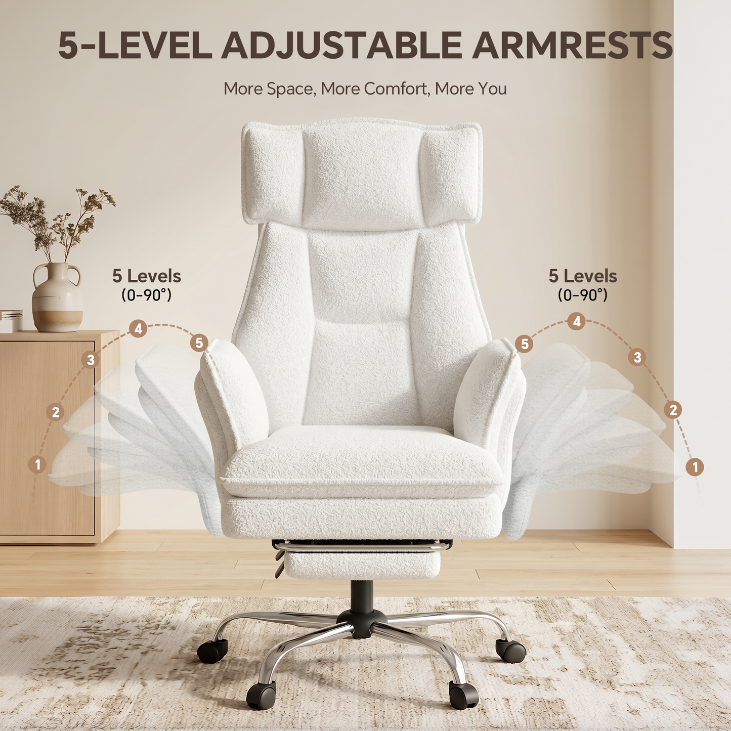 Mr IRONSTONE Ergonomic Reclining Office Chair with Footrest, High Back Teddy Fabric Computer Desk Chair, Wide Seat for Cross Legged, White