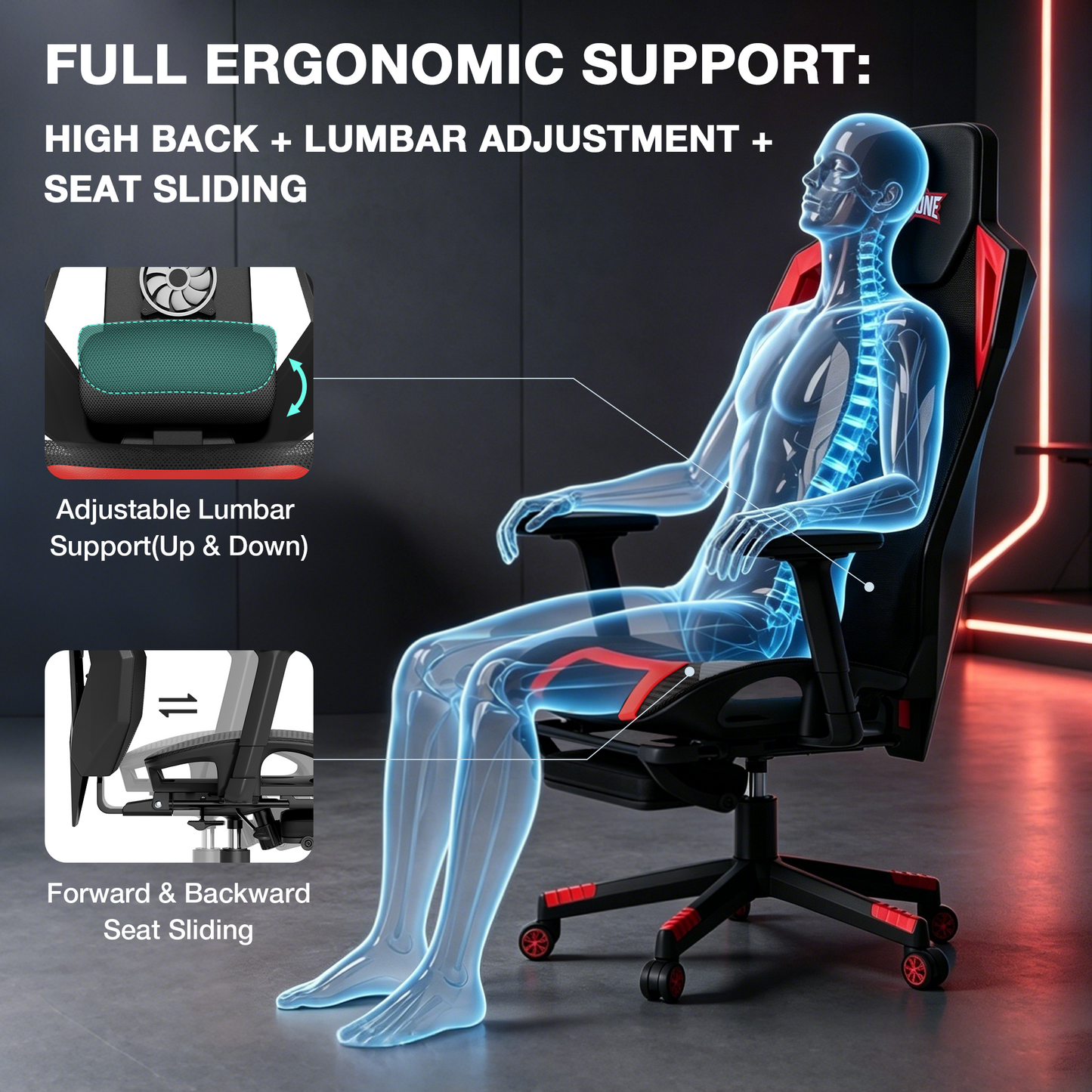 Mr IRONSTONE Mesh Gaming Chair with Bluetooth Speakers and Built-in Fan, RGB Ergonomic Computer Chair with Seat Sliding and Footrest, Black