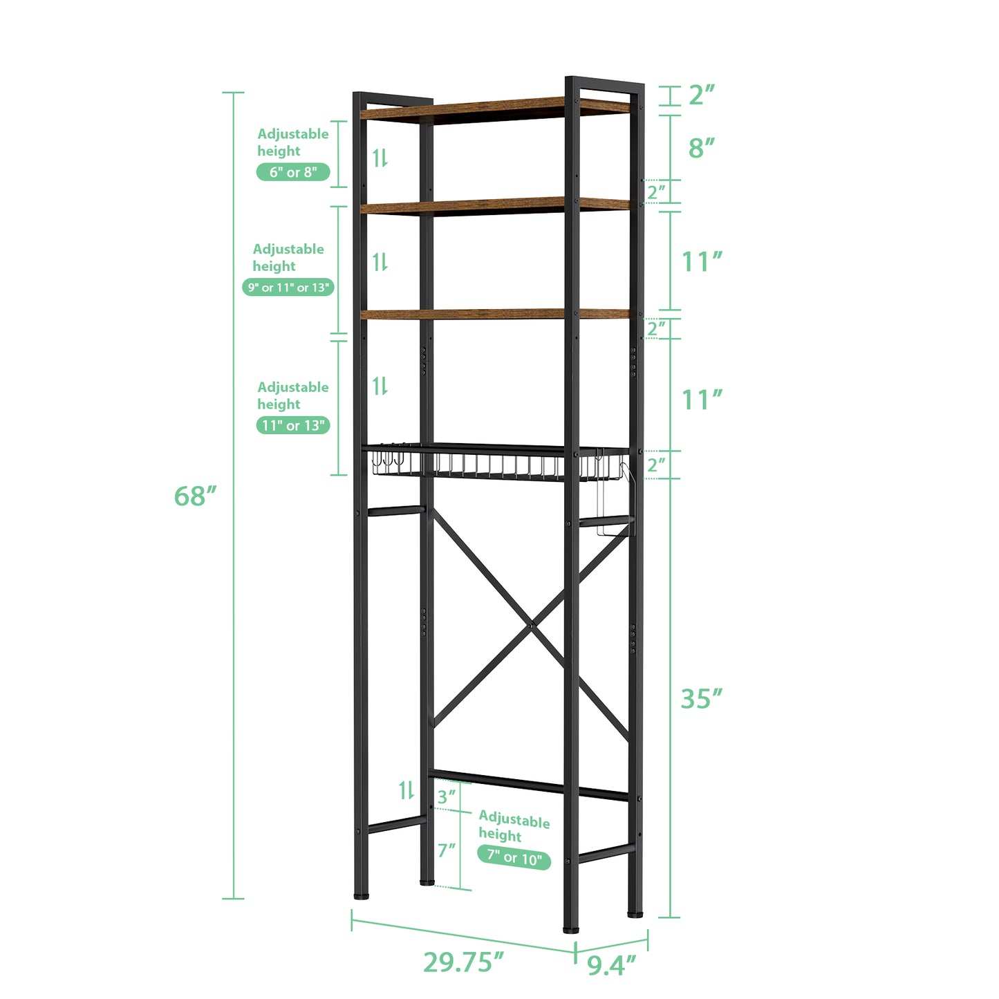 Mr IRONSTONE Over The Toilet Storage Shelf, 4-Tier Wooden Bathroom Organizer Adjustable Saver Space Rack with Toilet Paper Holder, Vintage Brown