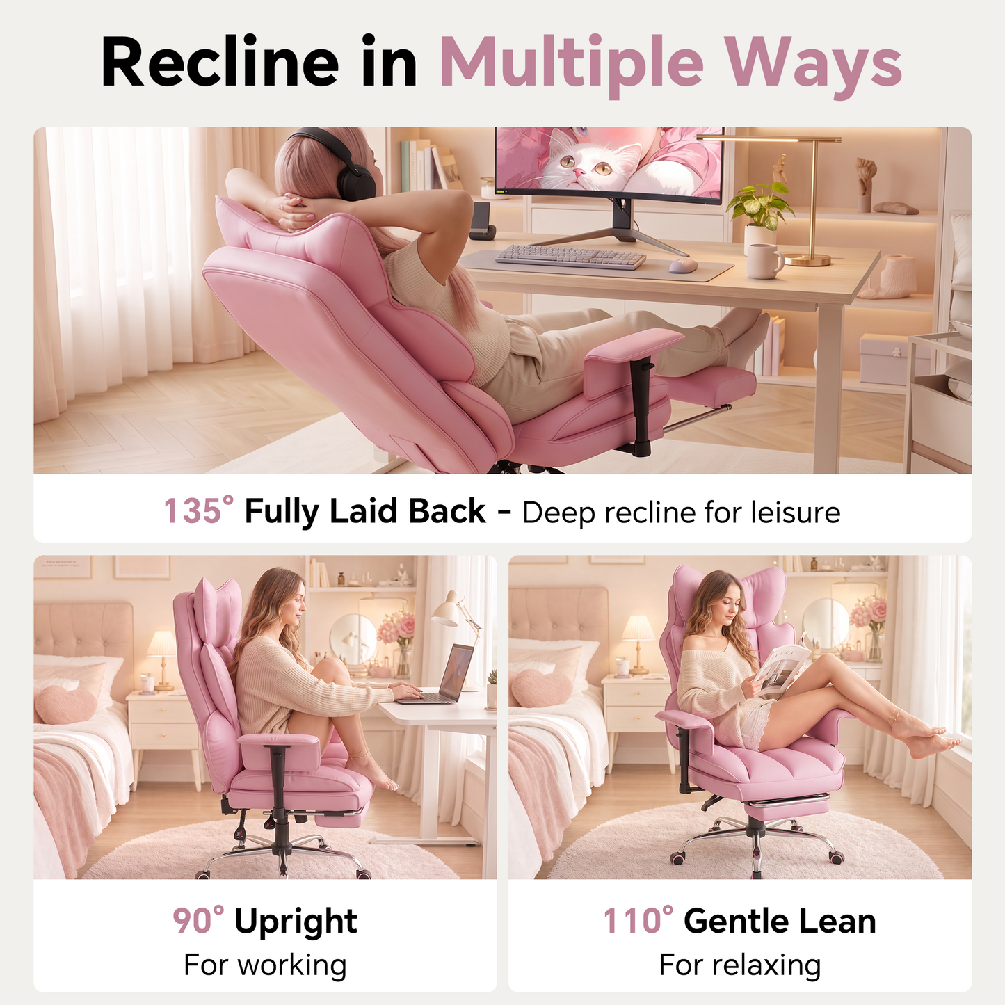 Mr IRONSTONE High Back Computer Desk Chair, Cute PU Leather Gaming Chair with Adjustable Armrests and Retractable Footrest, Pink