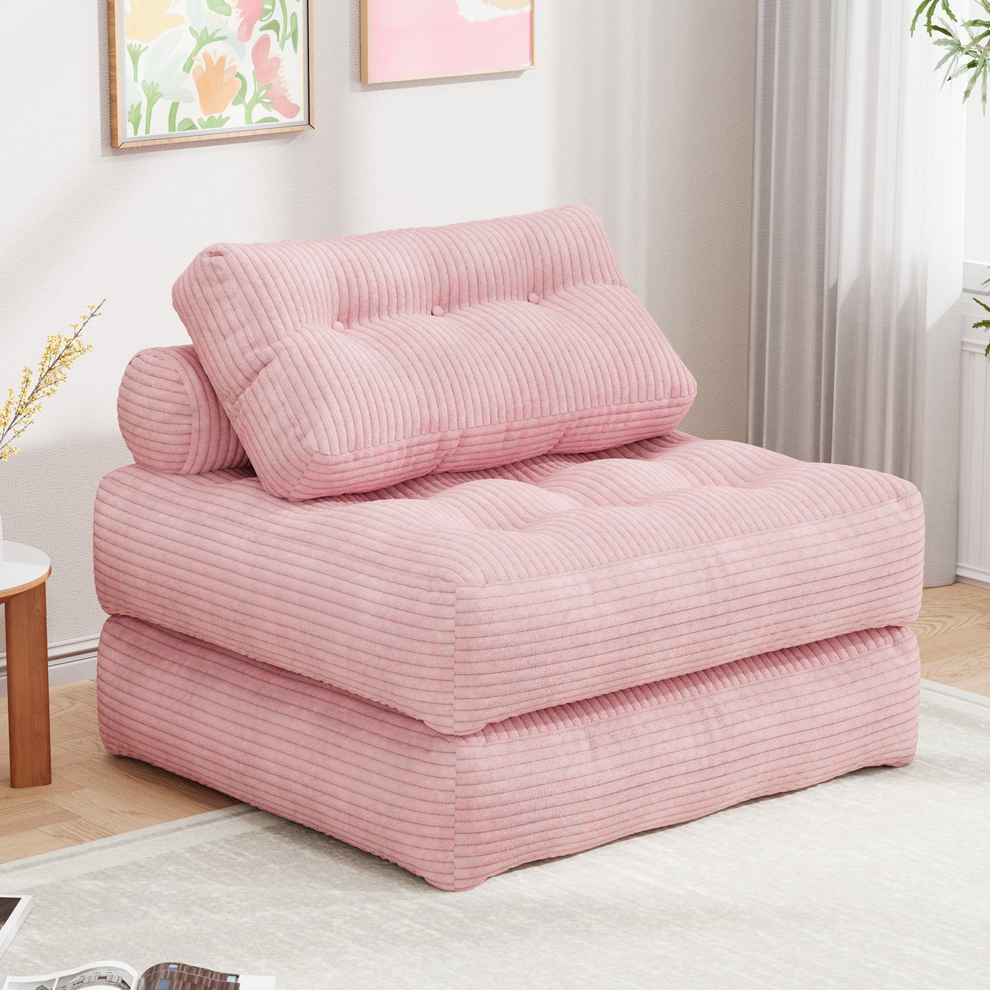 Mr IRONSTONE 3 in 1 Folding Sofa Bed, Convertible Sleeper Chair with Pillow, Corduroy Memory Foam Floor Sofa Lounge Chair for Living Room Dorm, Pink