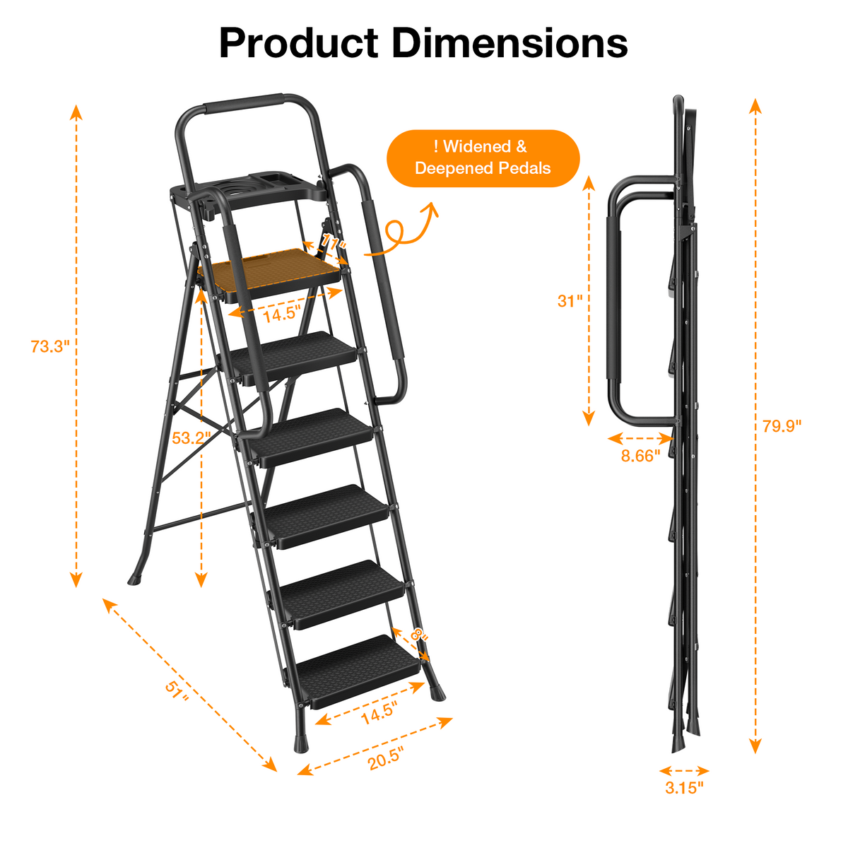 Mr IRONSTONE 6 Step Ladder for Adults, 800lbs Heavy Duty Folding Ladder with Tool Tray, Upgraded Non Slip Handrails and Anti Slip Pedal for Home Office Garage, Black
