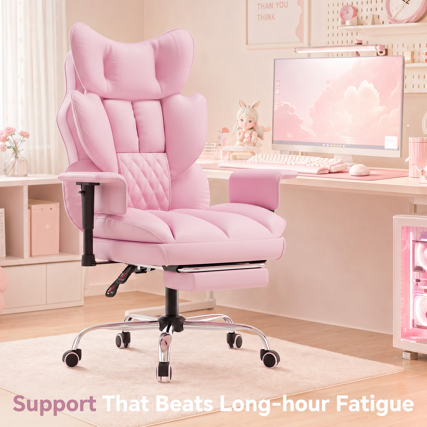 Mr IRONSTONE High Back Computer Desk Chair, Cute PU Leather Gaming Chair with Adjustable Armrests and Retractable Footrest, Pink