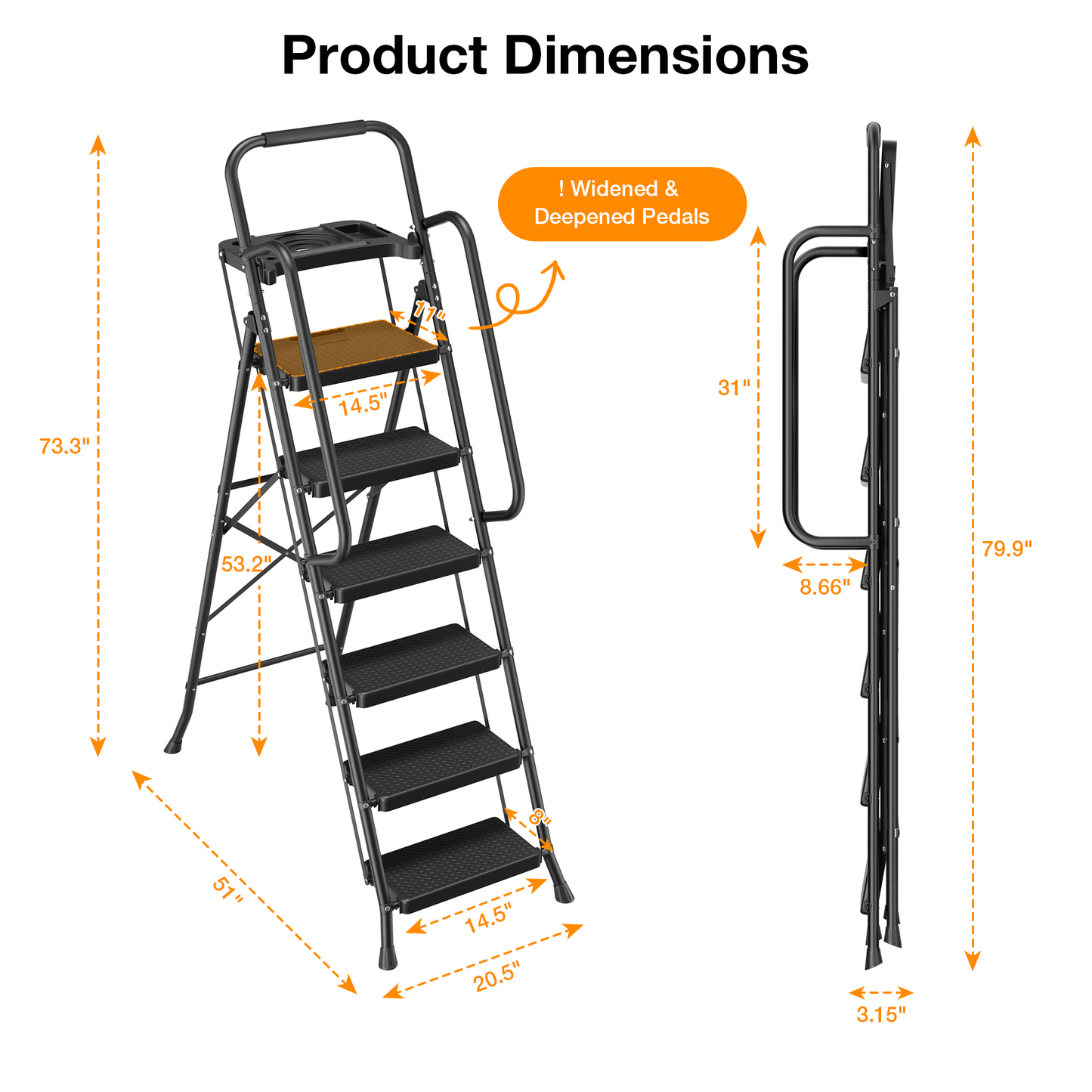 JOZ 6 Step Ladder for Adults, 800lbs Heavy Duty Folding Ladder with Tool Tray, Upgraded Non Slip Handrails and Anti Slip Pedal for Home Office Garage, Black