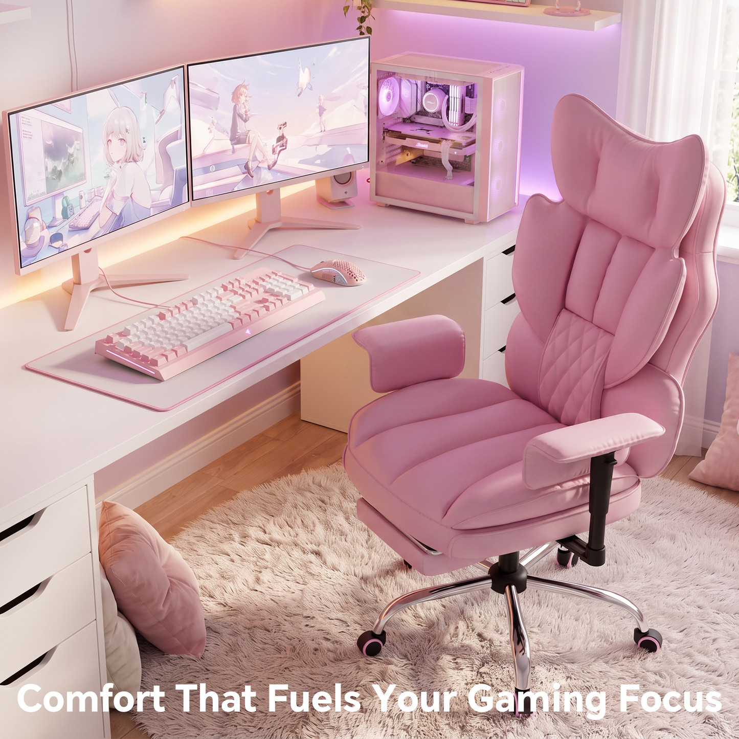 Mr IRONSTONE High Back Computer Desk Chair, Cute PU Leather Gaming Chair with Adjustable Armrests and Retractable Footrest, Pink