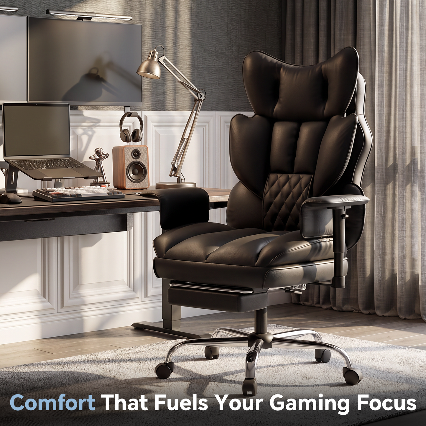 Mr IRONSTONE Executive Office Chair, High Back PU Leather Computer Desk Chair with Footrest and 3D Armrests, 350 LBS Capacity, Black