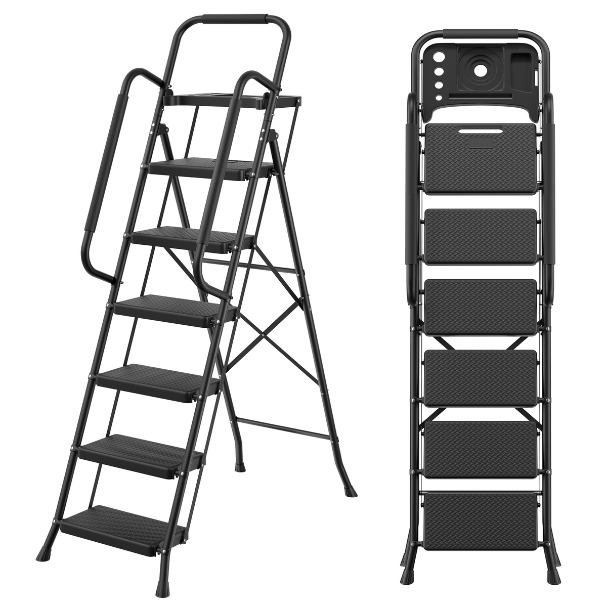 Mr IRONSTONE 6 Step Ladder for Adults, 800lbs Heavy Duty Folding Ladder with Tool Tray, Upgraded Non Slip Handrails and Anti Slip Pedal for Home Office Garage, Black