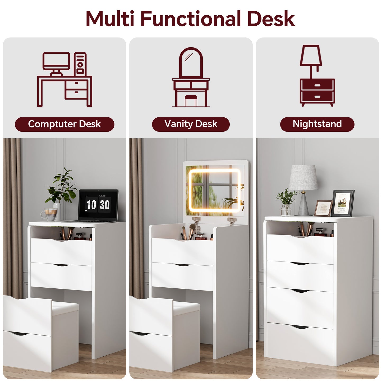 Mr IRONSTONE 19 Inch Small Vanity Desk with LED Mirror and Stool, Compact Makeup Dressing Table Set with Drawer, Modern Beauty Station for Small Space, White