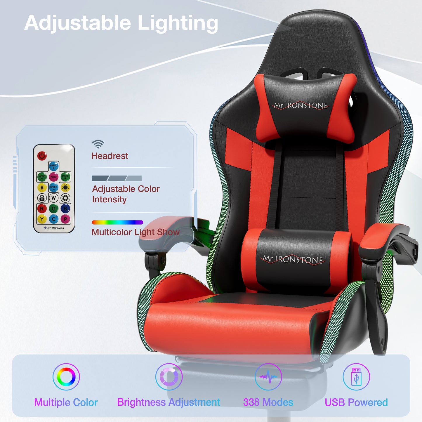 Mr IRONSTONE RGB Gaming Chair with Footrest, Ergonomic Computer Desk Chair with Lumbar Support and Adjustable LED Lights, 135° Reclining, Red
