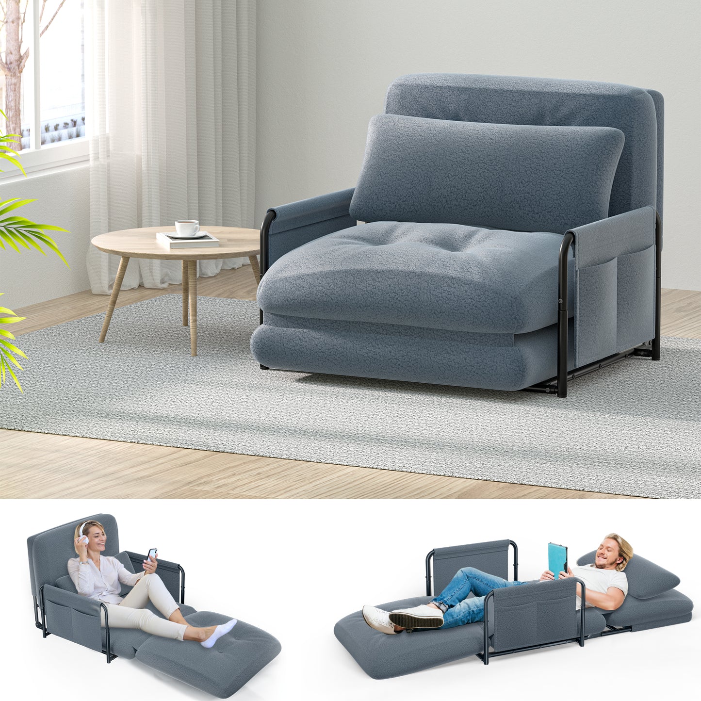 Mr IRONSTONE Convertible Chair Bed, Foldable Lazy Sofa Sleeper Chair with Metal Frame and Armrests, 5-Position Adjustable Lounge Chair with Side Pockets, Grey