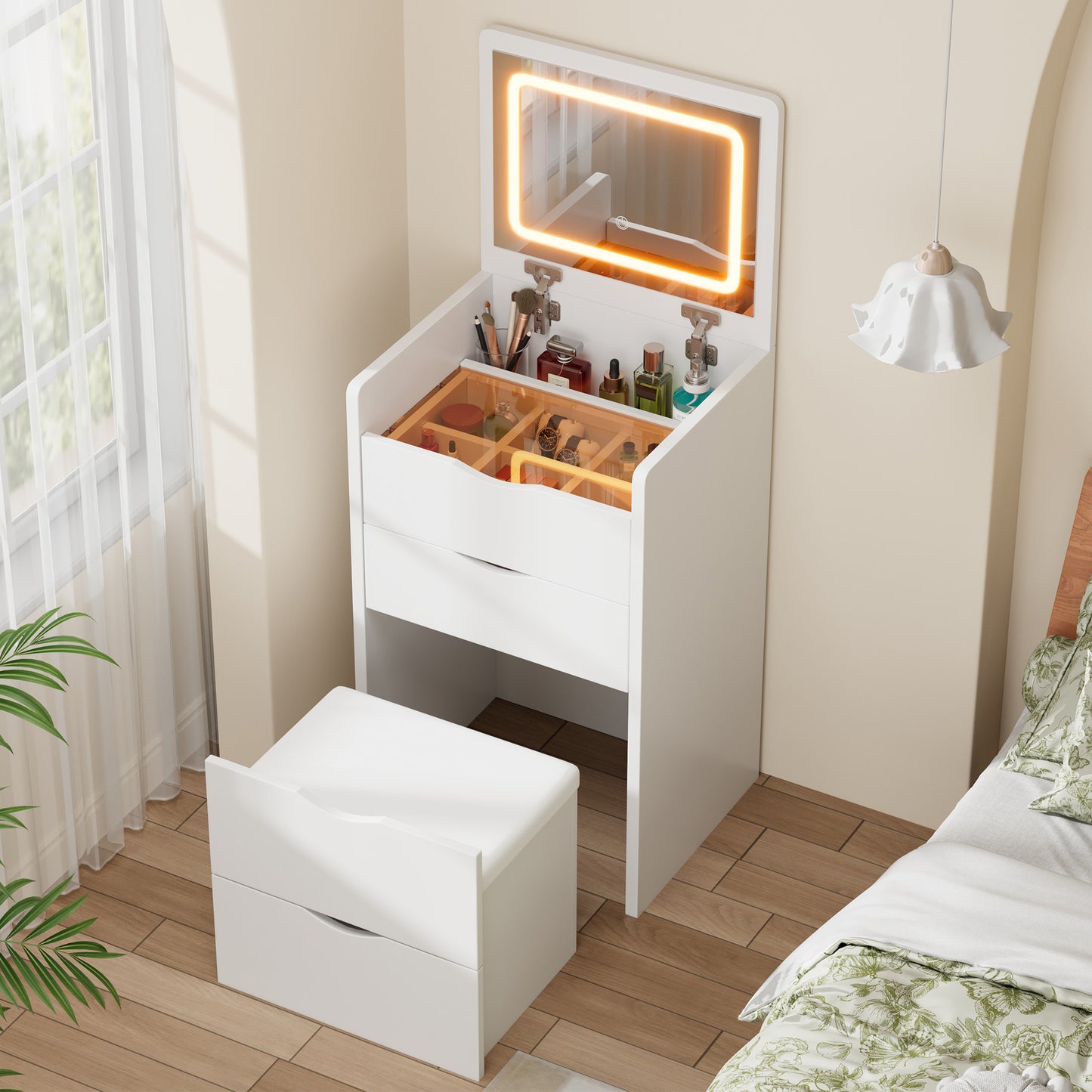 Mr IRONSTONE 19 Inch Small Vanity Desk with LED Mirror and Stool, Compact Makeup Dressing Table Set with Drawer, Modern Beauty Station for Small Space, White