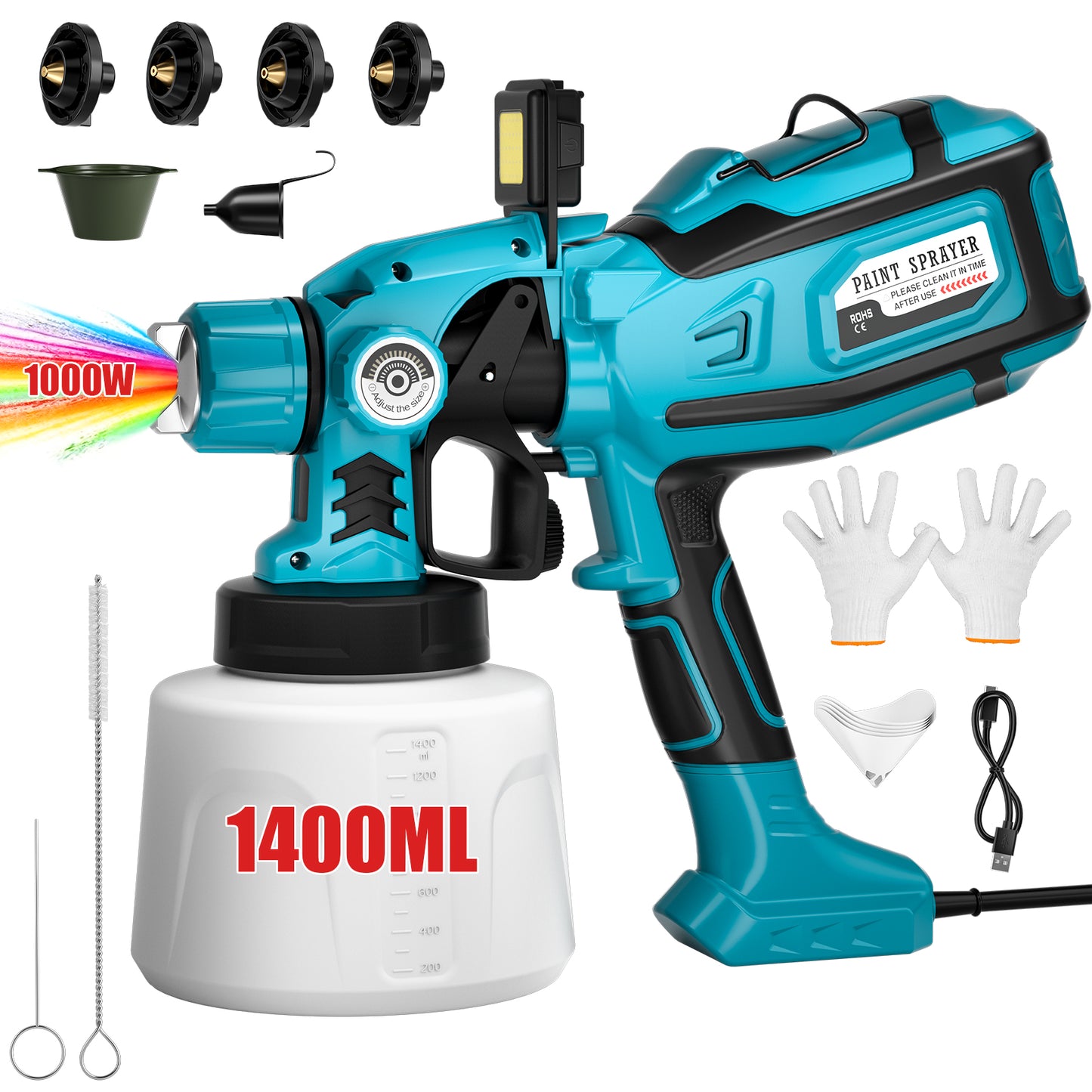 Mr IRONSTONE Paint Sprayer 1000W HVLP High Power Electric Spray Paint Gun 1400ml High Capacity Container Easy to Clean for House Painting, Home Interior and Exterior