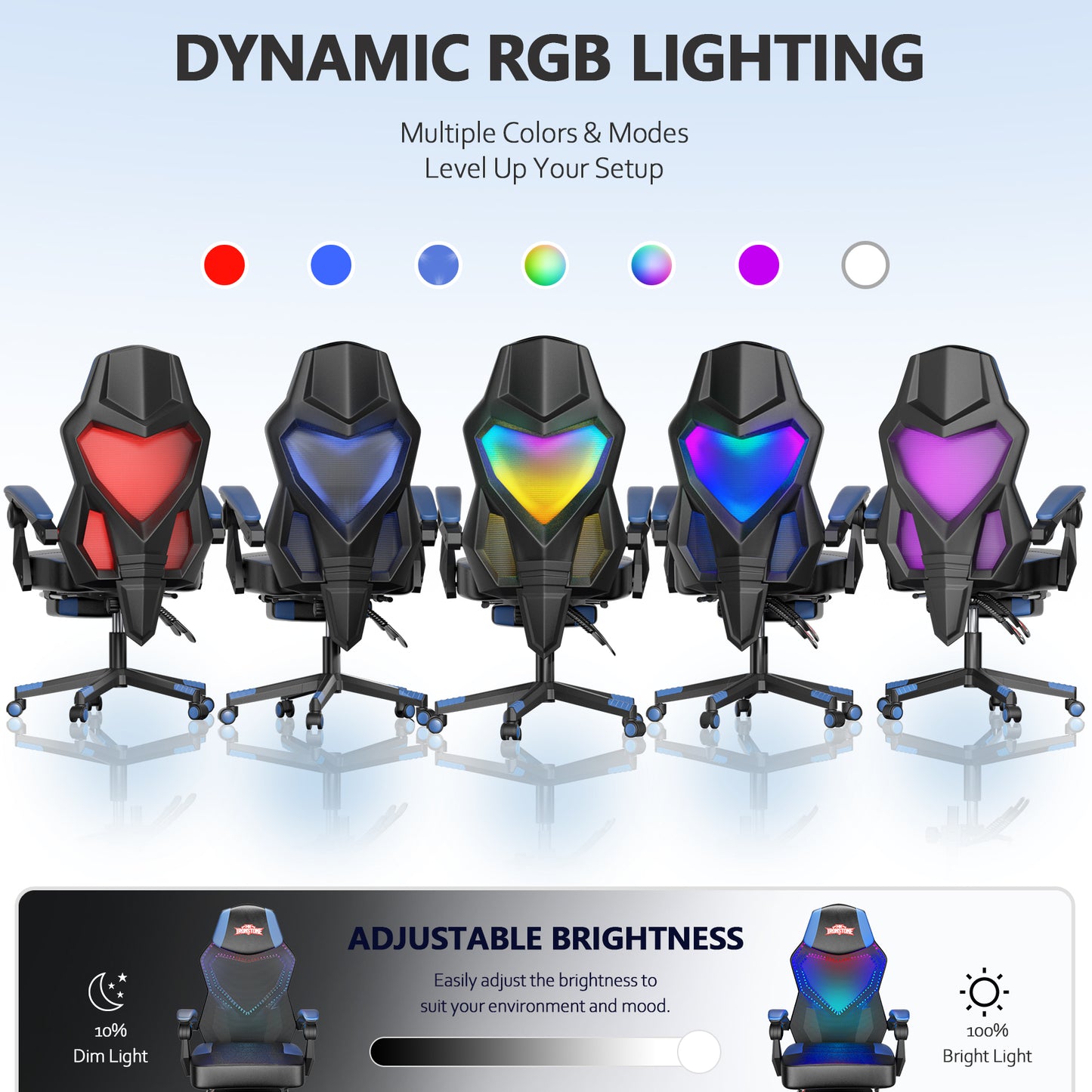 Mr IRONSTONE RGB Gaming Chair with Linkage Armrests, Breathable Mesh Ergonomic Office Chair with Footrest, 135 Degree Recliner, Black and Blue