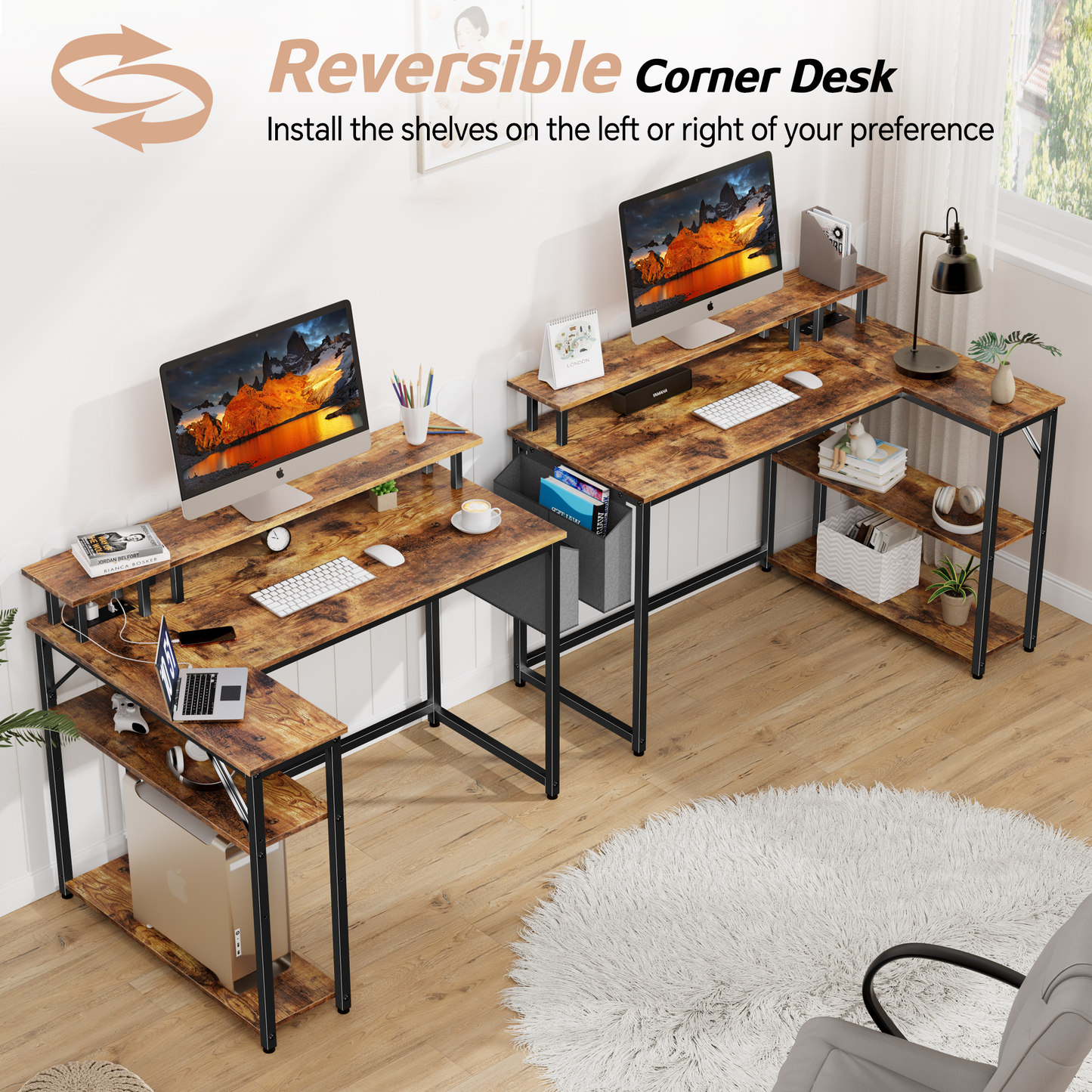 Mr IRONSTONE L Shaped Desk with Power Outlets & LED Lights, Computer Desk with Long Monitor Stand, 47 Inch Office Desk, Corner Desk for Small Space, Home Office Desk, Rustic Brown