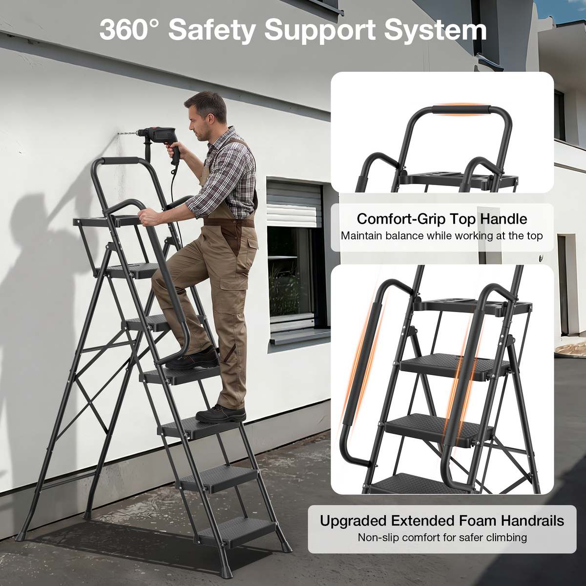 Mr IRONSTONE 6 Step Ladder for Adults, 800lbs Heavy Duty Folding Ladder with Tool Tray, Upgraded Non Slip Handrails and Anti Slip Pedal for Home Office Garage, Black