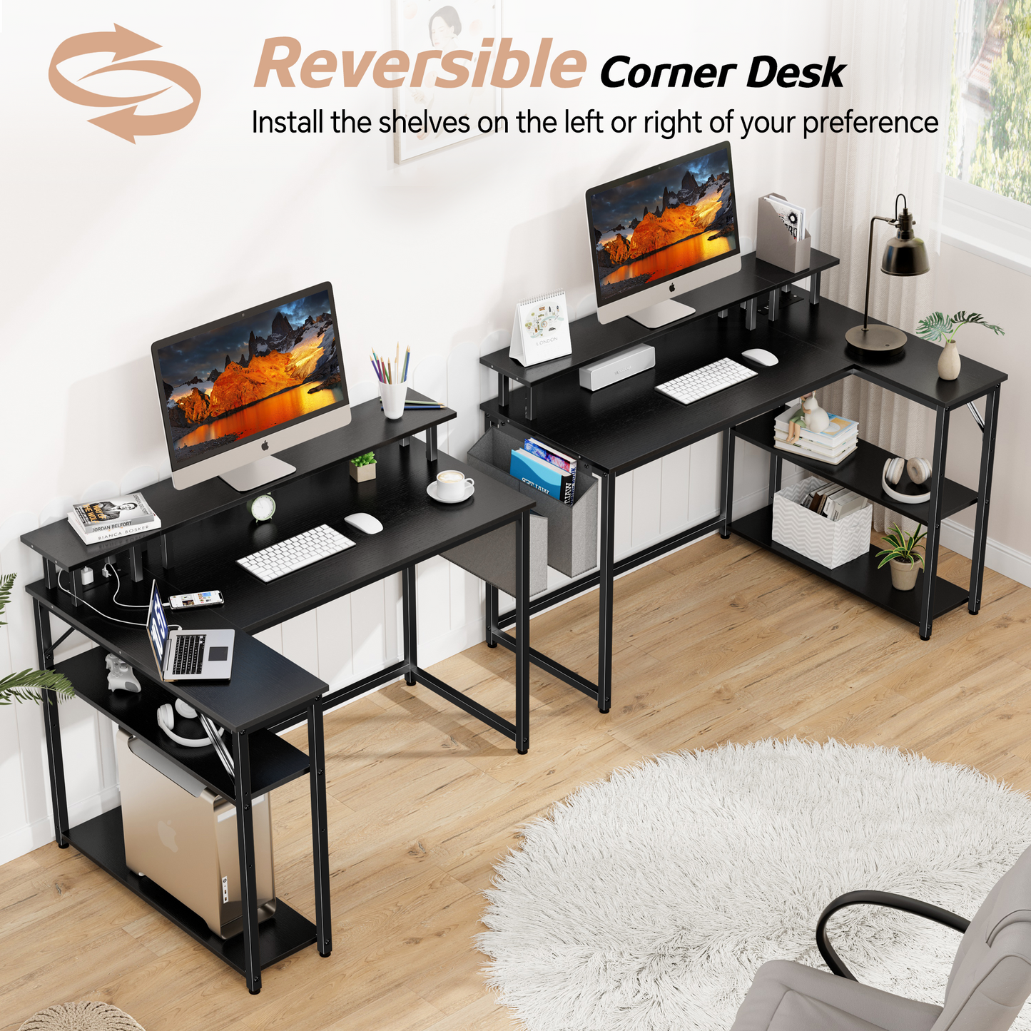 Mr IRONSTONE L Shaped Desk with Power Outlets & LED Lights, Computer Desk with Long Monitor Stand, 47 Inch Office Desk, Corner Desk for Small Space, Home Office Desk, Black