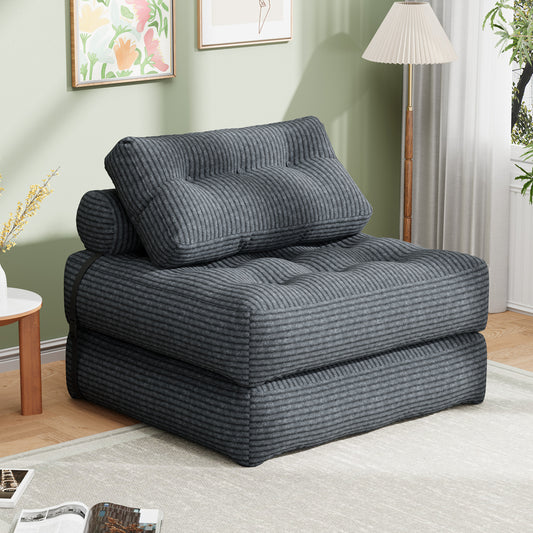 Mr IRONSTONE 3 in 1 Folding Sofa Bed, Convertible Sleeper Chair with Pillow, Corduroy Memory Foam Floor Sofa Lounge Chair for Living Room Dorm, Grey