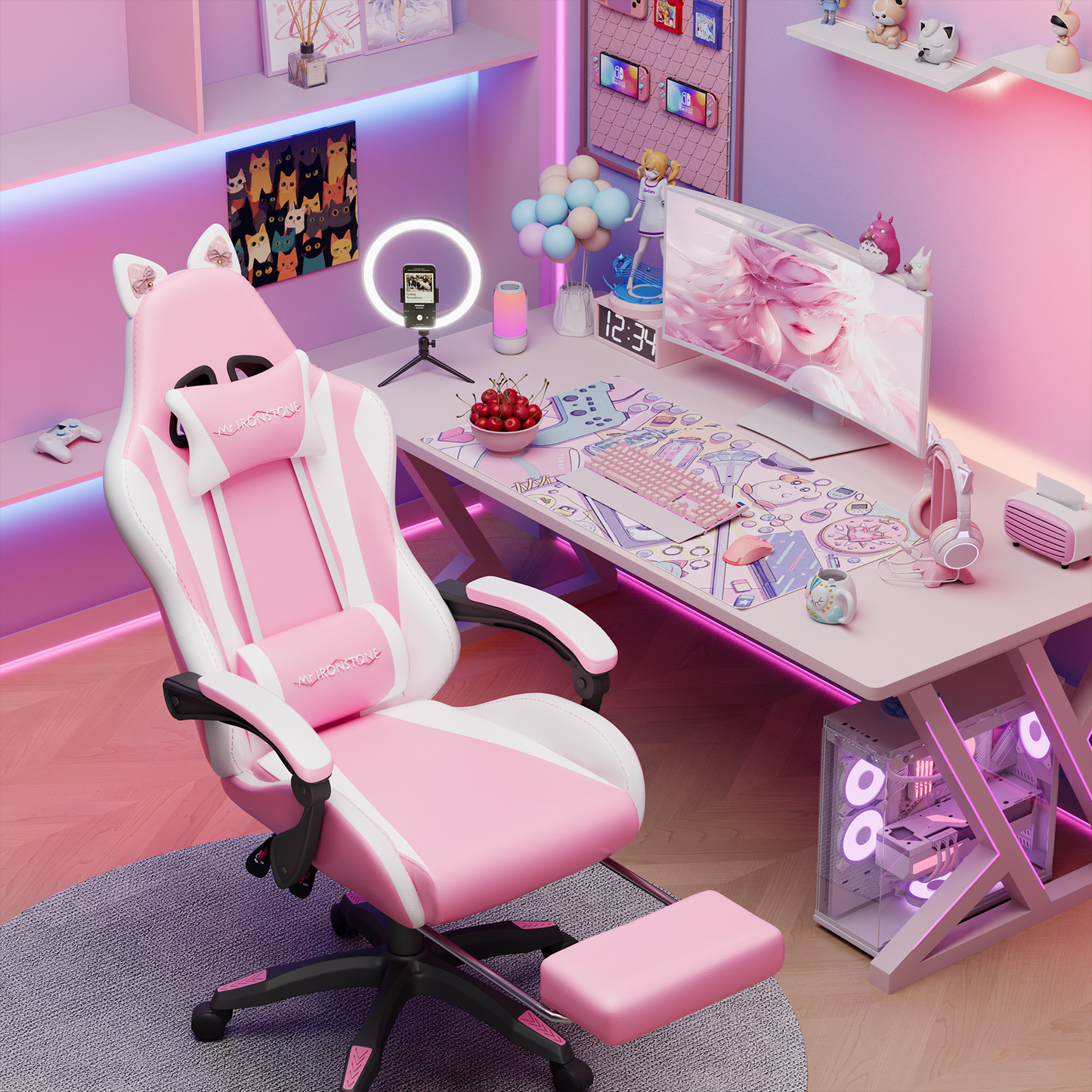 Mr IRONSTONE Gaming Chair with Speakers & LED Lights, Ergonomic Massage Office Chair with Footrest, 4D Armrests - Pink