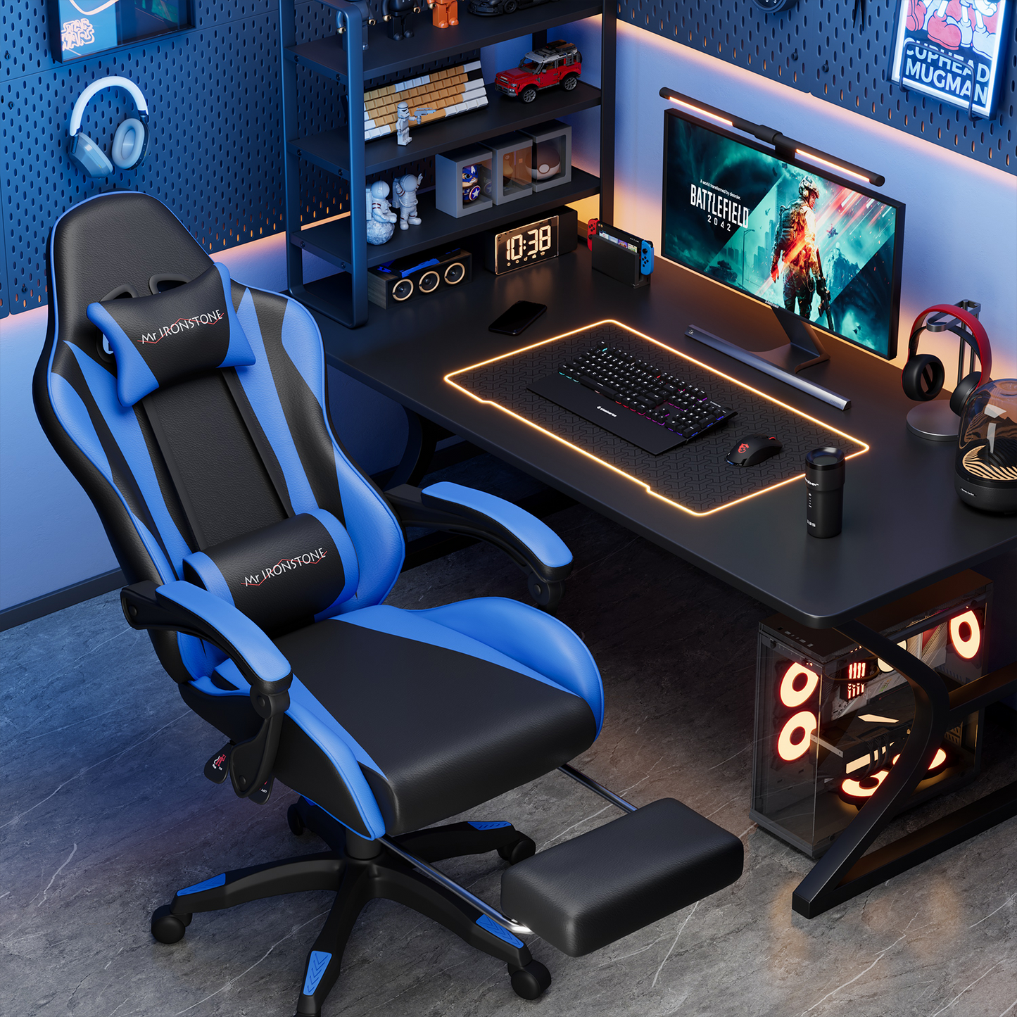Mr IRONSTONE Gaming Chair with Speakers & LED Lights, Ergonomic Massage Office Chair with Footrest, 4D Armrests - Blue