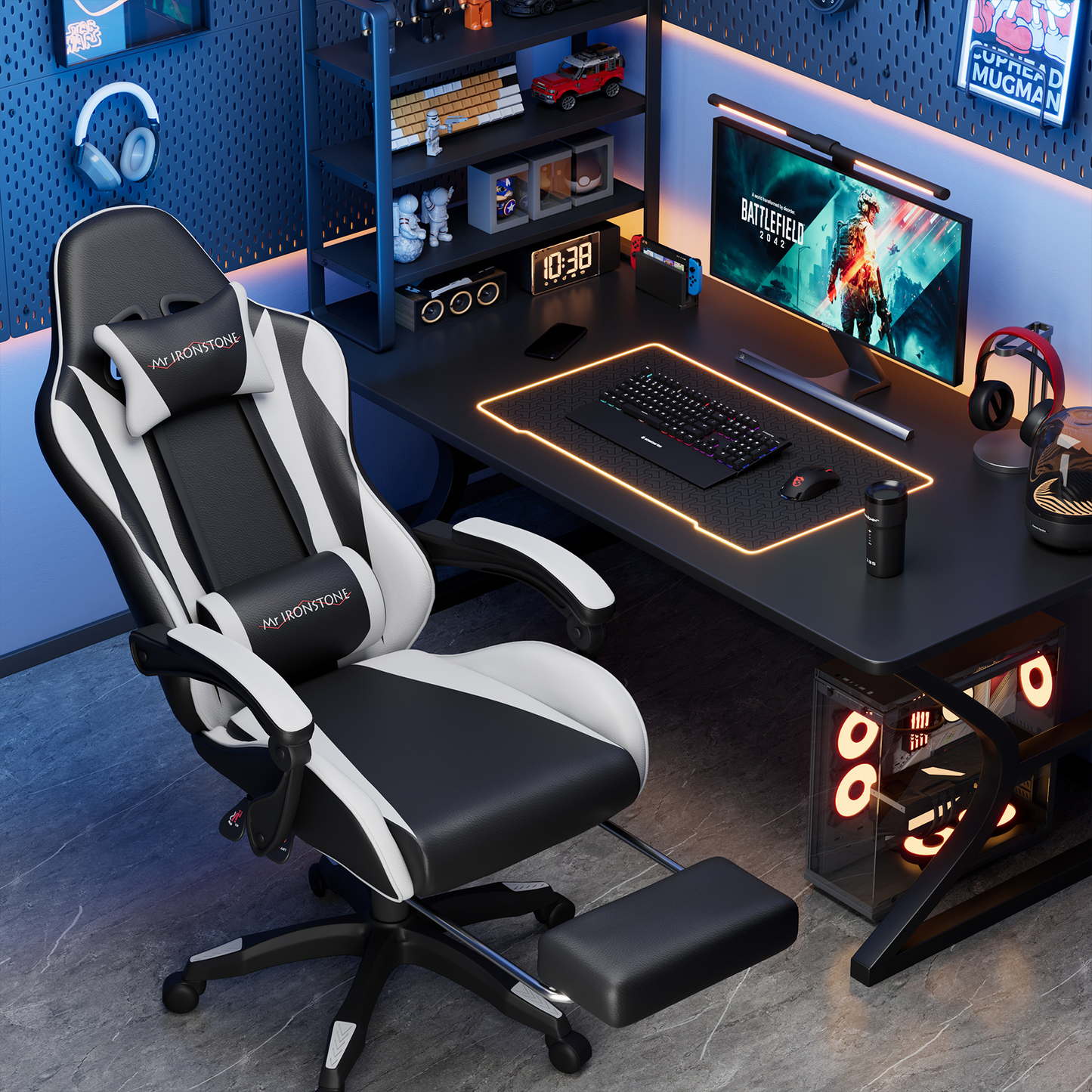Mr IRONSTONE Gaming Chair with Speakers & LED Lights, Ergonomic Massage Office Chair with Footrest, 4D Armrests - Black