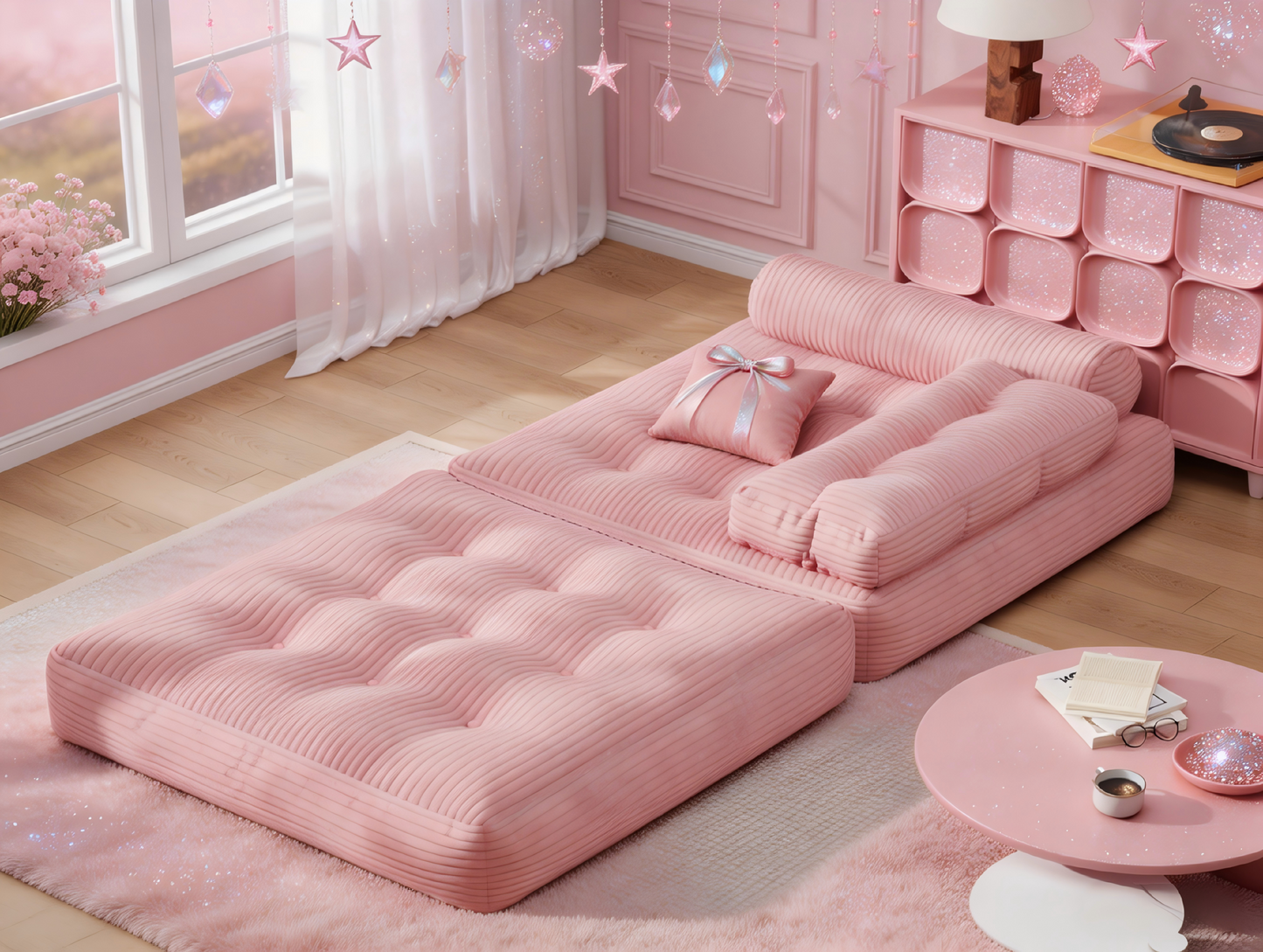 Mr IRONSTONE 3 in 1 Folding Sofa Bed, Convertible Sleeper Chair with Pillow, Corduroy Memory Foam Floor Sofa Lounge Chair for Living Room Dorm, Pink