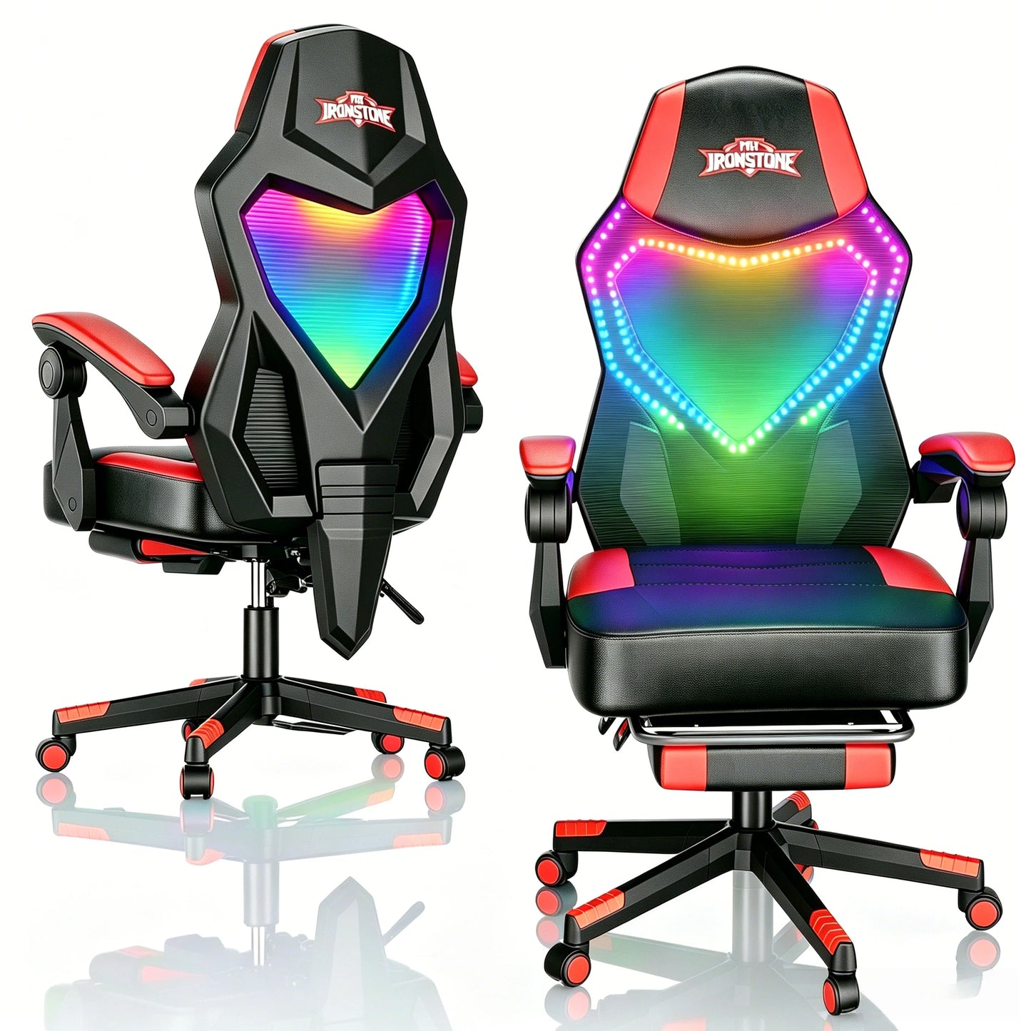Mr IRONSTONE 400 lbs Heavy Duty Gaming Chair with Footrest, Extra Wide PC Computer Desk Chair with RGB Lights and Lumbar Support, Black and Red