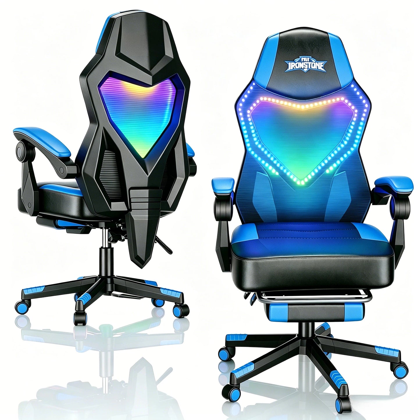 Mr IRONSTONE RGB Gaming Chair with Linkage Armrests, Breathable Mesh Ergonomic Office Chair with Footrest, 135 Degree Recliner, Black and Blue