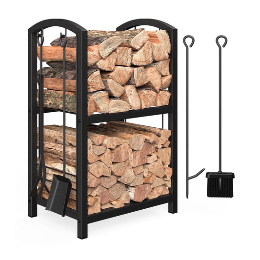 Mr IRONSTONE Steel Firewood Log Rack Holder Tools Set for Fireplace, Double-Layer Wrought Iron Log Rack with Hook, Broom, Shovel, Tongs