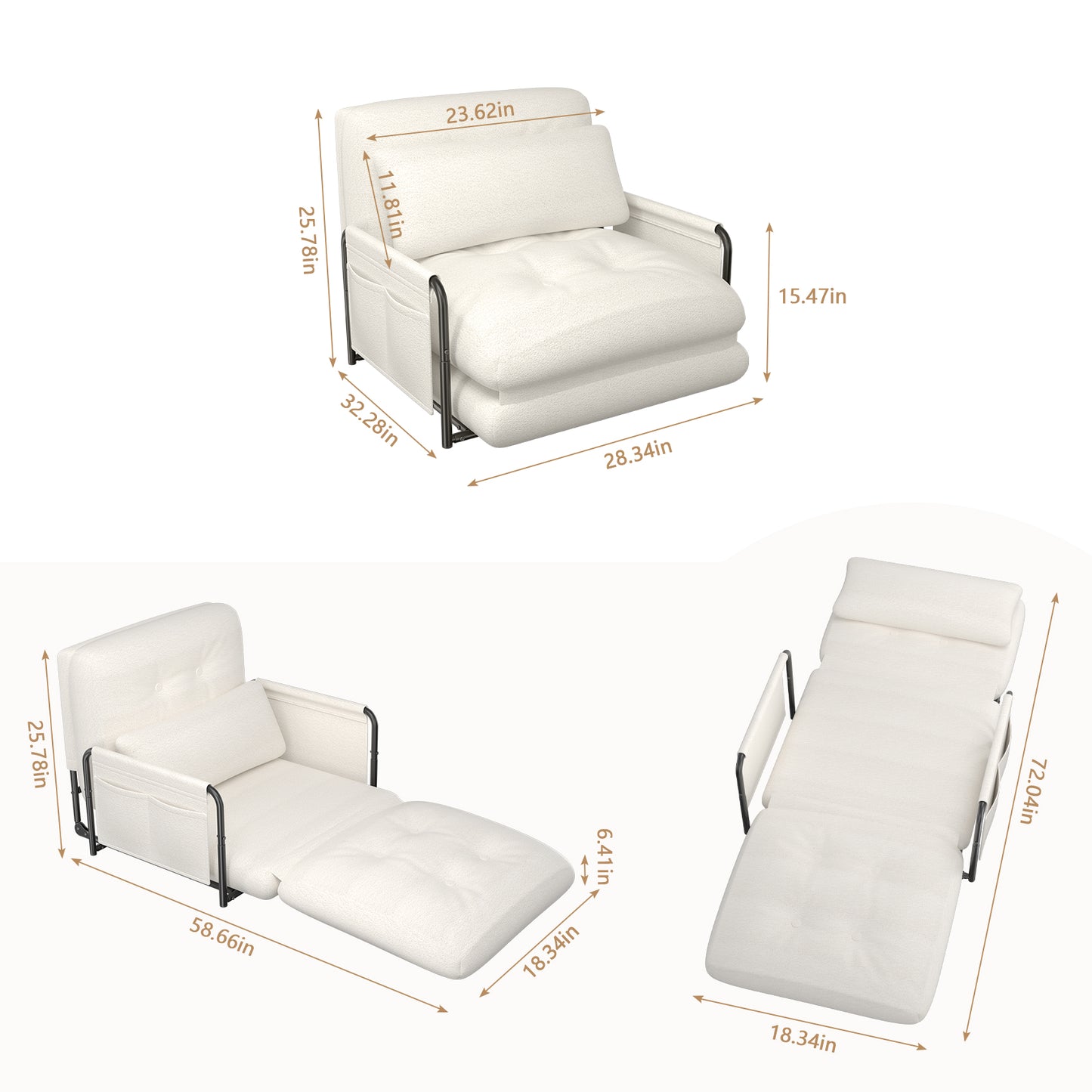 Mr IRONSTONE Convertible Chair Bed, Foldable Lazy Sofa Sleeper Chair with Metal Frame and Armrests, 5-Position Adjustable Lounge Chair with Side Pockets, White