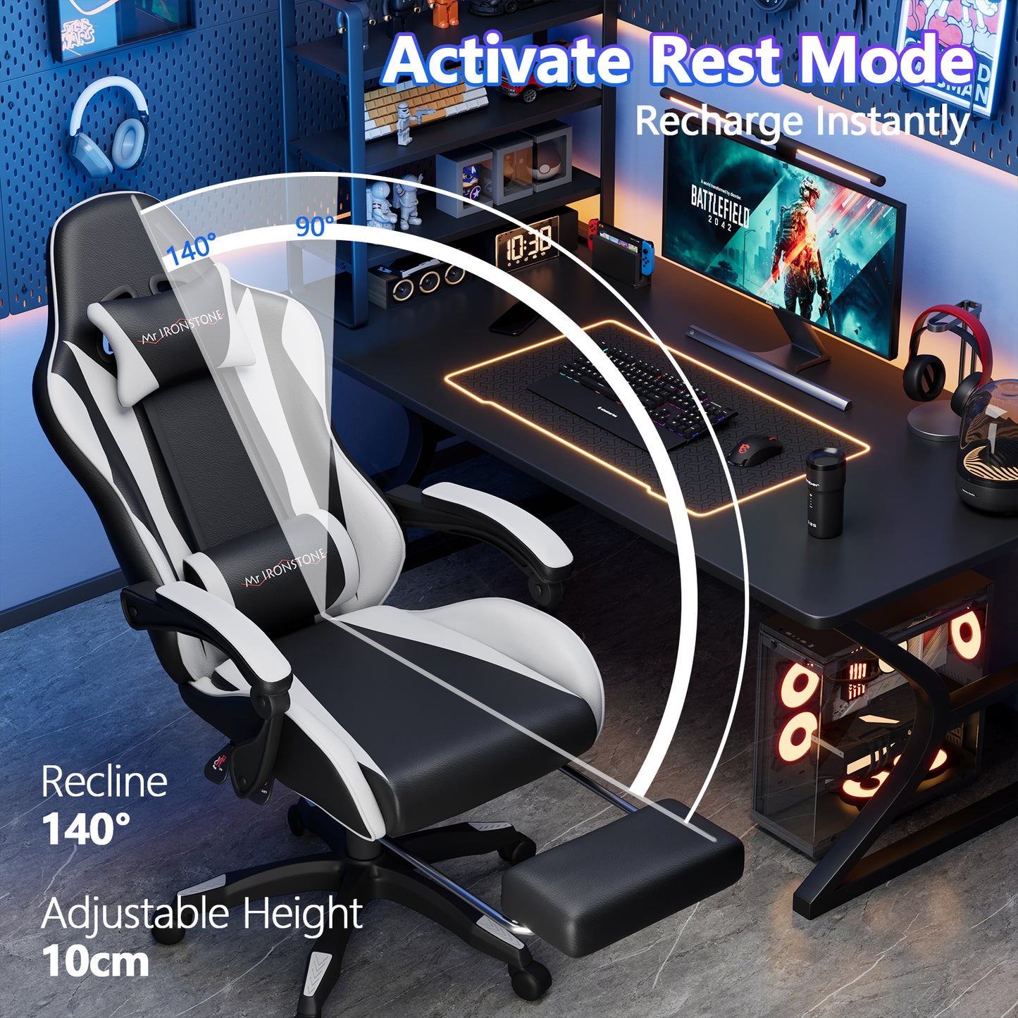 Mr IRONSTONE Gaming Chair with Speakers & LED Lights, Ergonomic Massage Office Chair with Footrest, 4D Armrests - Black