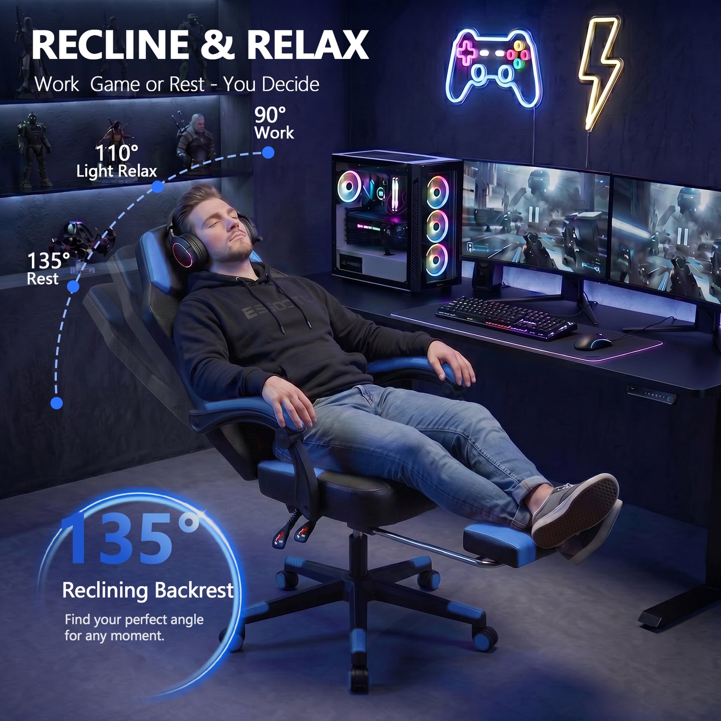 Mr IRONSTONE RGB Gaming Chair with Linkage Armrests, Breathable Mesh Ergonomic Office Chair with Footrest, 135 Degree Recliner, Black and Blue