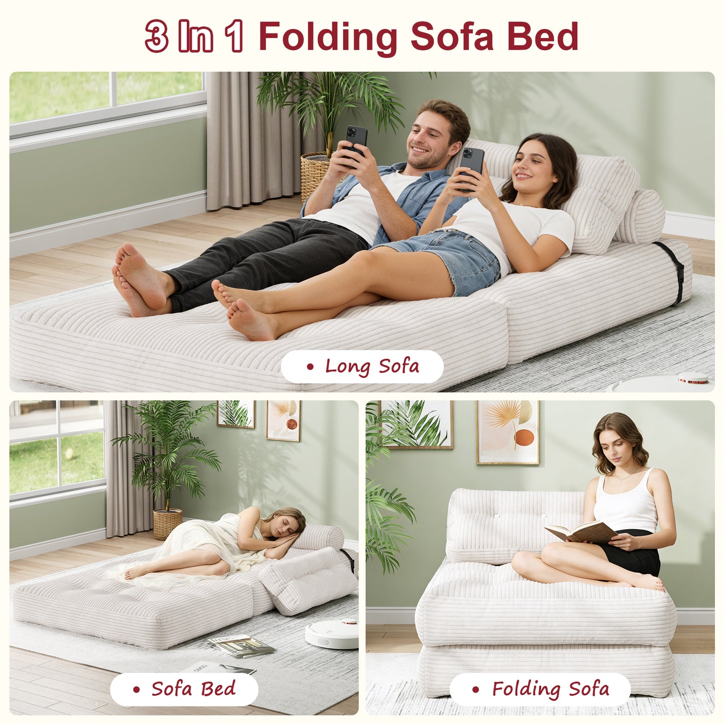 Mr IRONSTONE 3 in 1 Folding Sofa Bed, Convertible Sleeper Chair with Pillow, Corduroy Memory Foam Floor Sofa Lounge Chair for Living Room Dorm, White