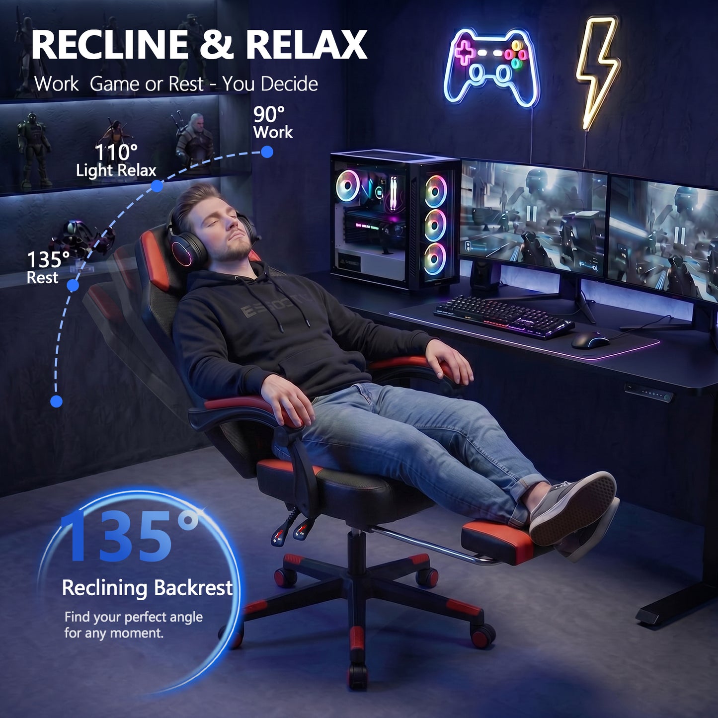 Mr IRONSTONE 400 lbs Heavy Duty Gaming Chair with Footrest, Extra Wide PC Computer Desk Chair with RGB Lights and Lumbar Support, Black and Red