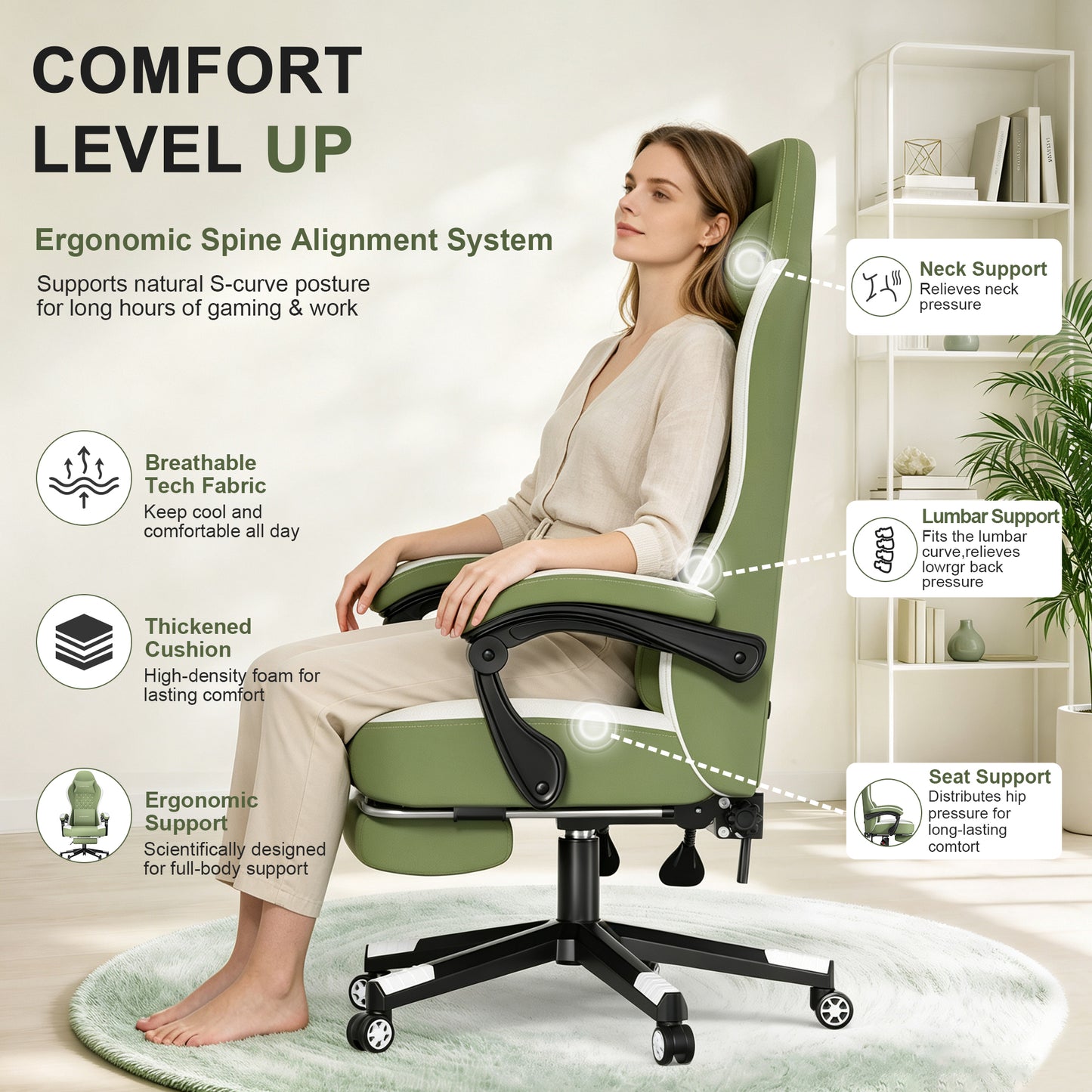 Mr IRONSTONE Fabric Gaming Chair with Massage, Breathable Ergonomic PC Desk Chair with Footrest and Quiet Casters, Green