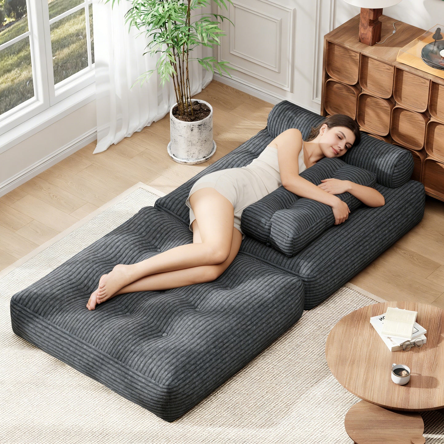 Mr IRONSTONE 3 in 1 Folding Sofa Bed, Convertible Sleeper Chair with Pillow, Corduroy Memory Foam Floor Sofa Lounge Chair for Living Room Dorm, Grey
