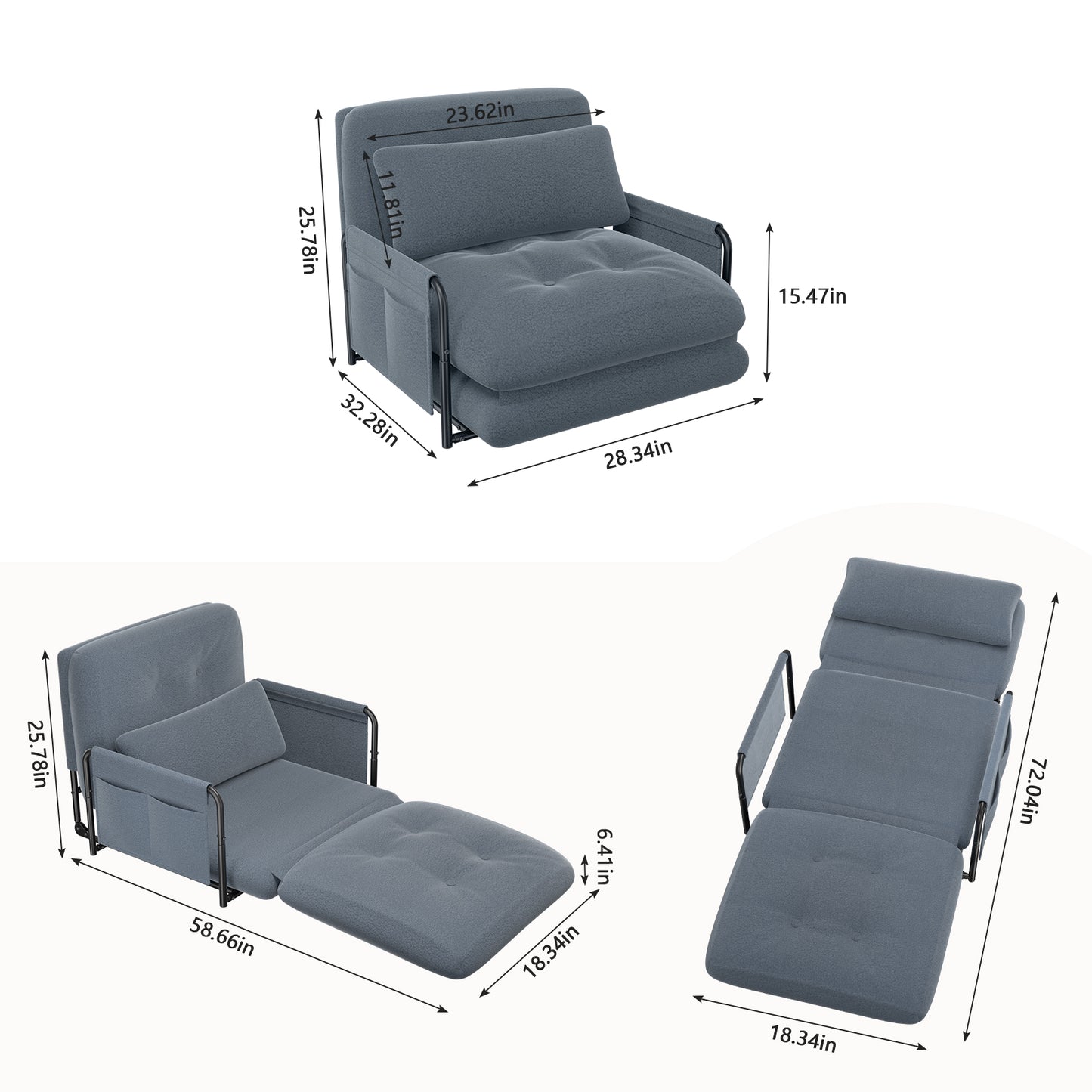 Mr IRONSTONE Convertible Chair Bed, Foldable Lazy Sofa Sleeper Chair with Metal Frame and Armrests, 5-Position Adjustable Lounge Chair with Side Pockets, Grey