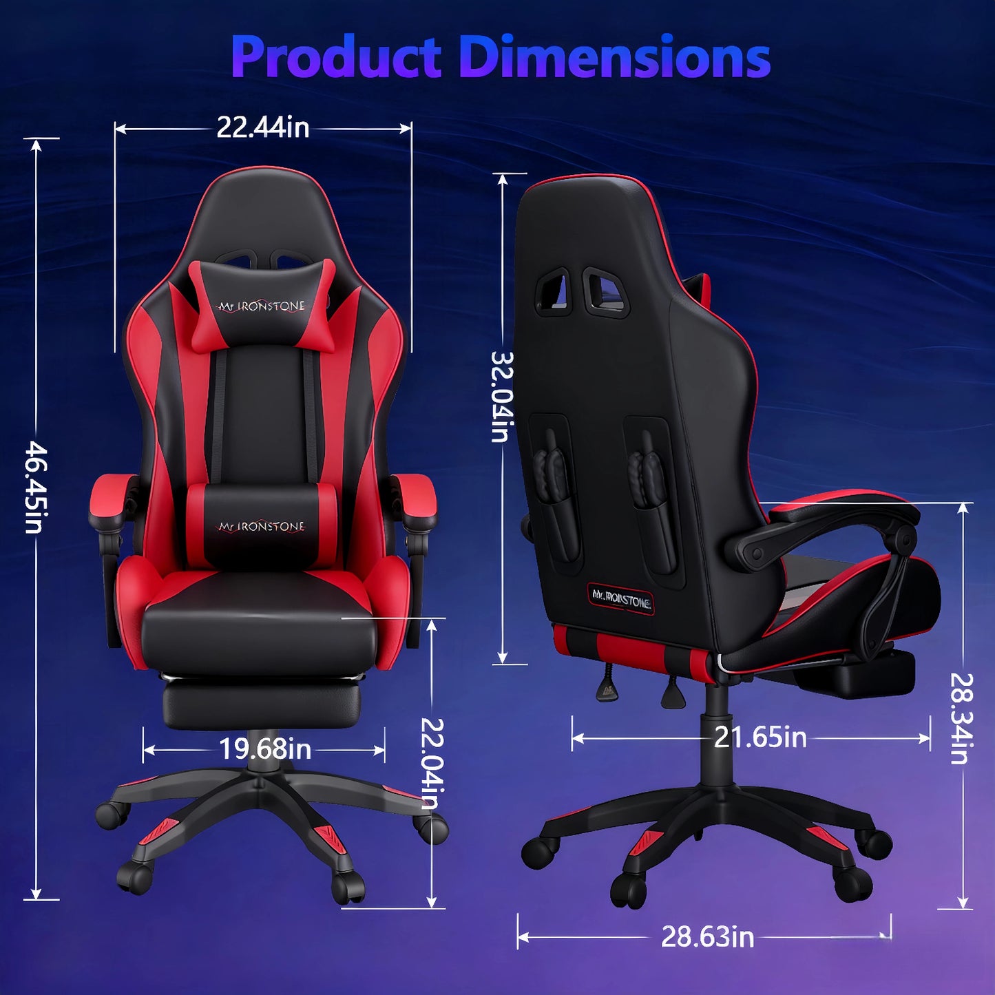 Mr IRONSTONE Gaming Chair with Speakers & LED Lights, Ergonomic Massage Office Chair with Footrest, 4D Armrests - Red