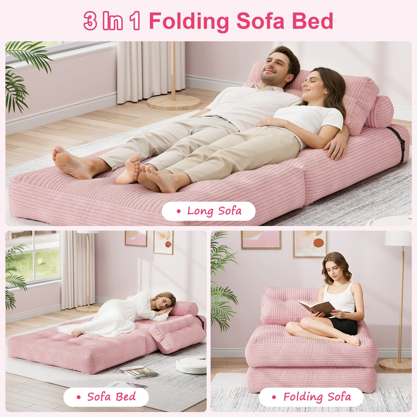 Mr IRONSTONE 3 in 1 Folding Sofa Bed, Convertible Sleeper Chair with Pillow, Corduroy Memory Foam Floor Sofa Lounge Chair for Living Room Dorm, Pink