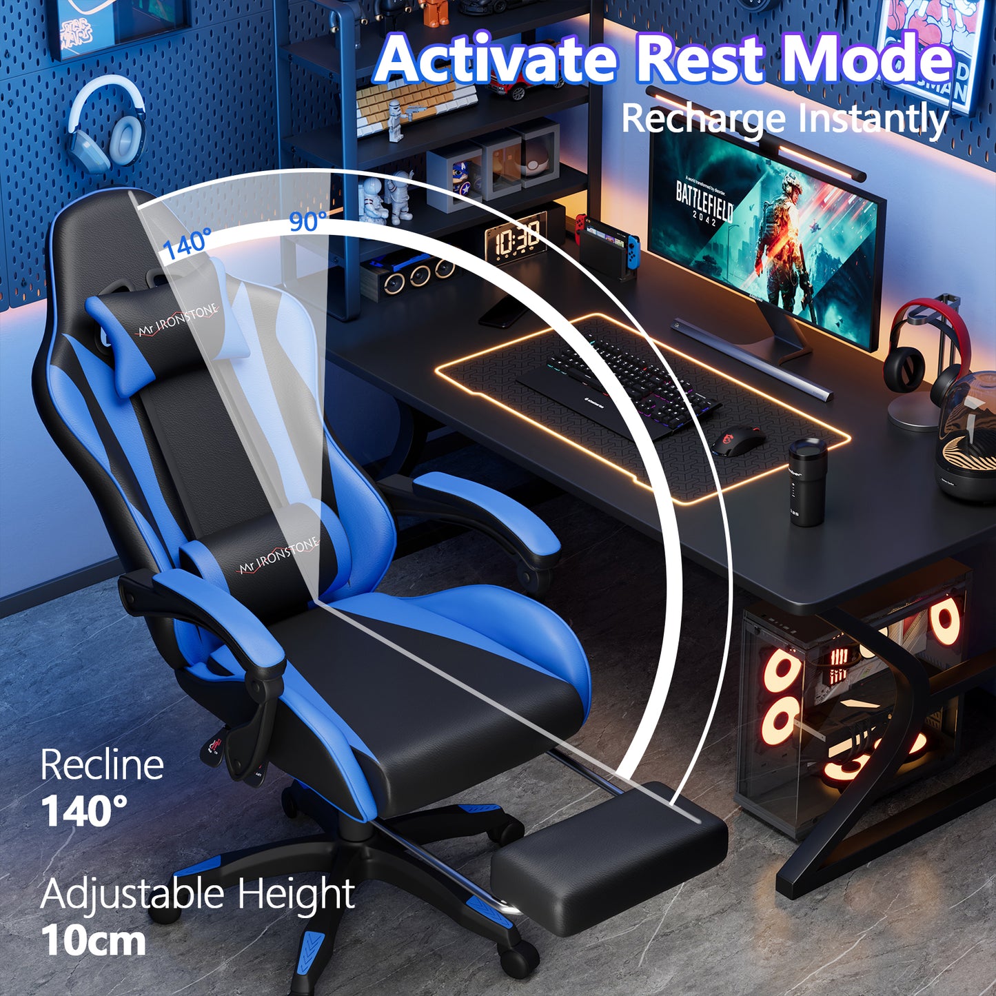 Mr IRONSTONE Gaming Chair with Speakers & LED Lights, Ergonomic Massage Office Chair with Footrest, 4D Armrests - Blue