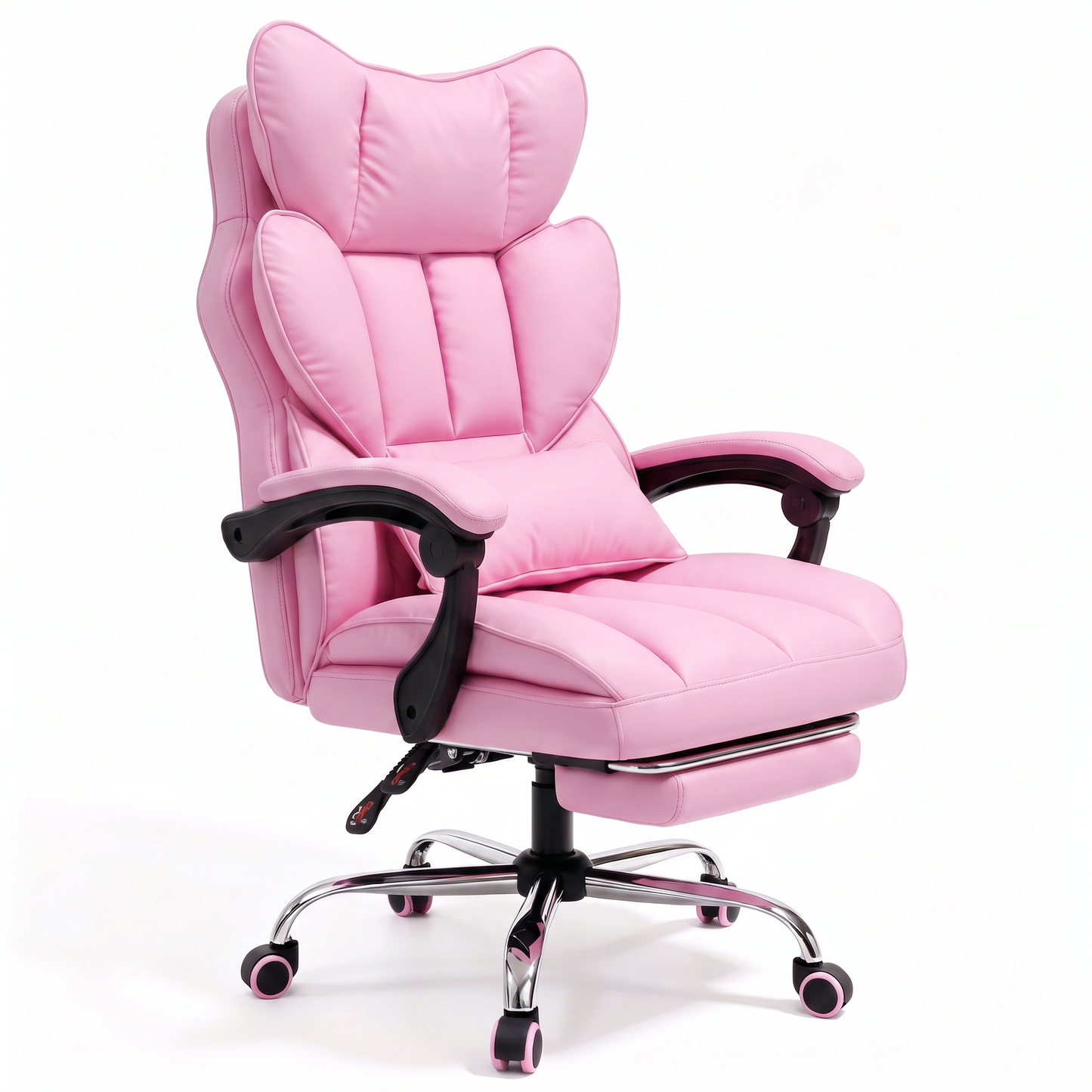Mr IRONSTONE Chic Office Chair with Retractable Footrest, Ergonomic PU Leather Computer Desk Chair with Pocket Springs, Pink