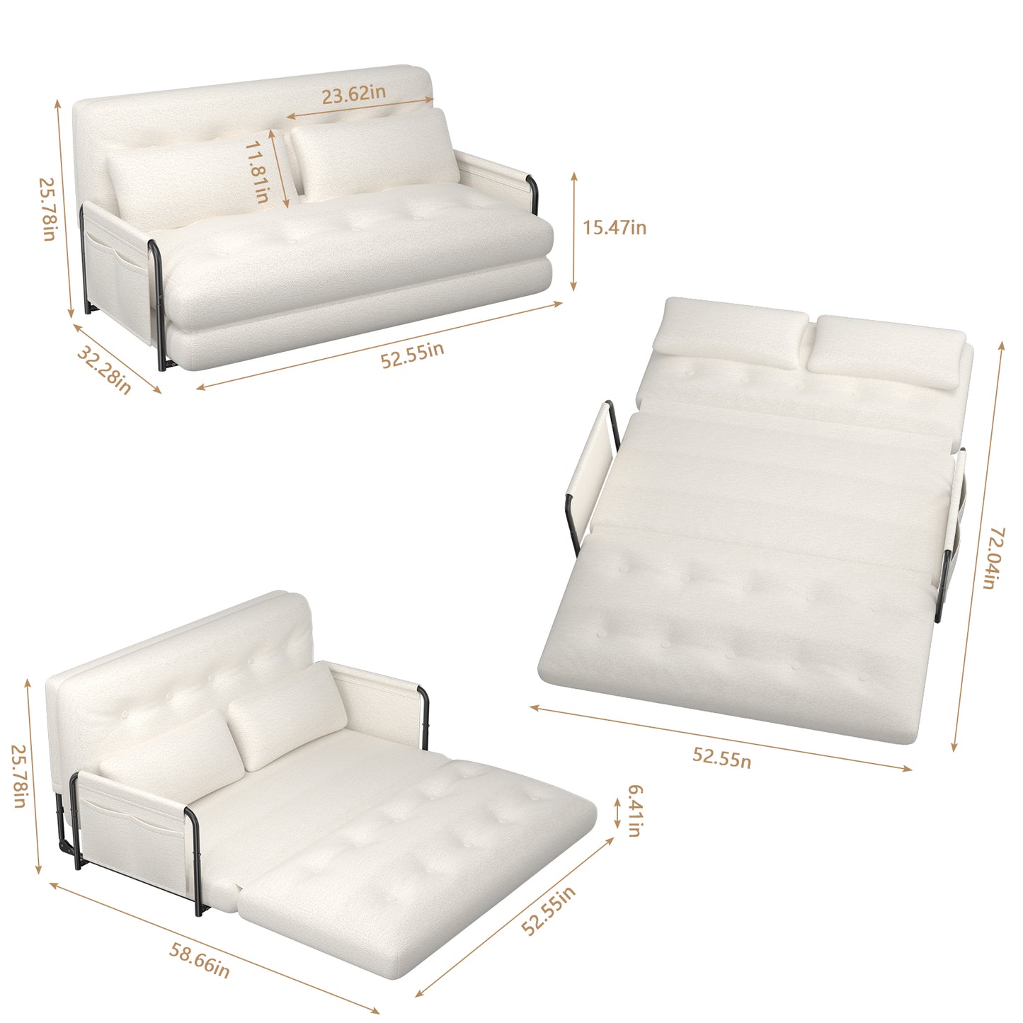 Mr IRONSTONE Loveseat Sleeper Sofa, 52" Extra Wide Convertible Chair Bed with Metal Frame, 2-Seater Foldable Futon Sofa Bed with 2 Pillows and Armrests, White