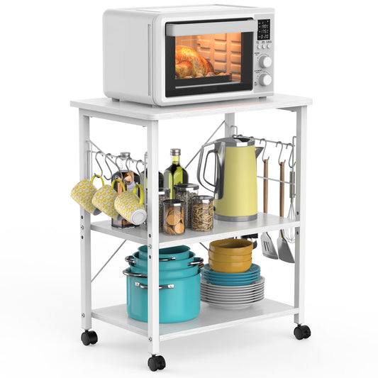 JOZ 3-Tier Kitchen Utility Serving Cart, Multifunction Microwave Oven Stand, Baker's Rack with Storage Shelf and 10 Hooks, White