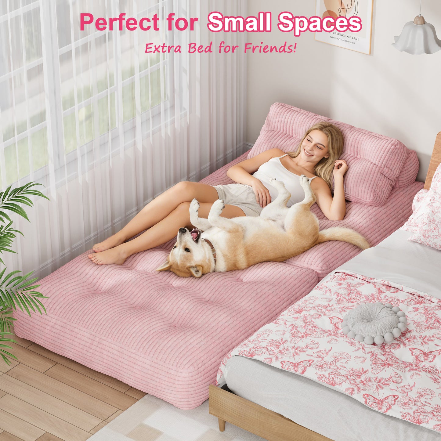 Mr IRONSTONE 3 in 1 Folding Sofa Bed, Convertible Sleeper Chair with Pillow, Corduroy Memory Foam Floor Sofa Lounge Chair for Living Room Dorm, Pink