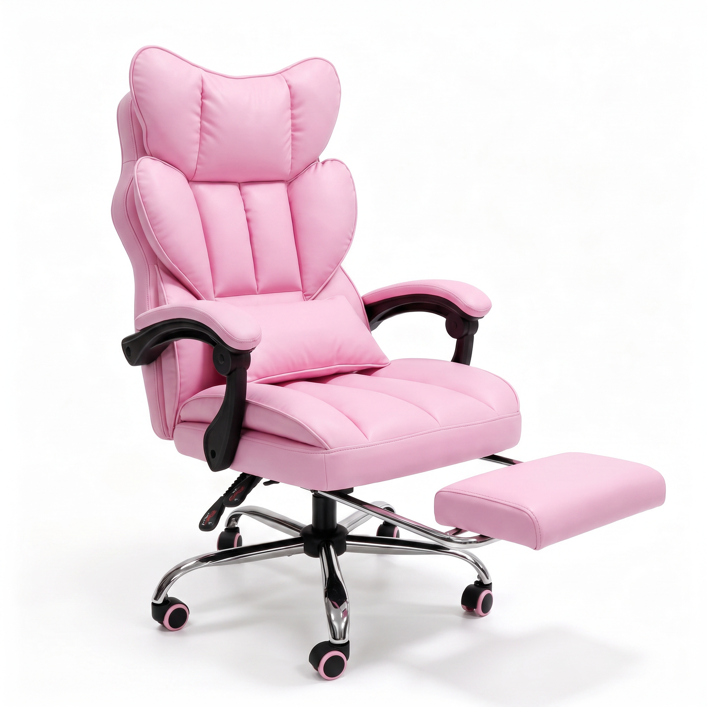 Mr IRONSTONE Chic Office Chair with Retractable Footrest, Ergonomic PU Leather Computer Desk Chair with Pocket Springs, Pink