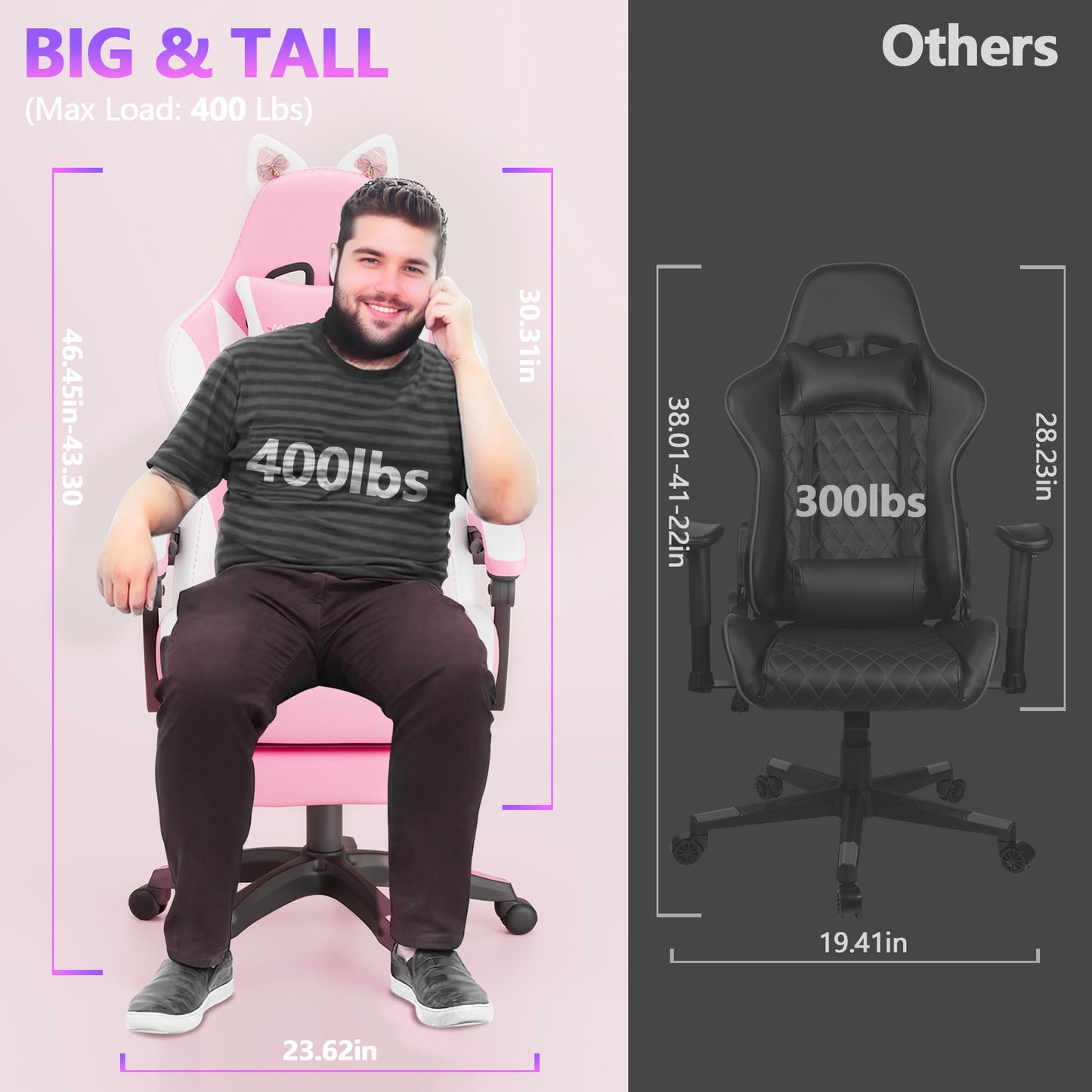 Mr IRONSTONE Gaming Chair with Speakers & LED Lights, Ergonomic Massage Office Chair with Footrest, 4D Armrests - Pink