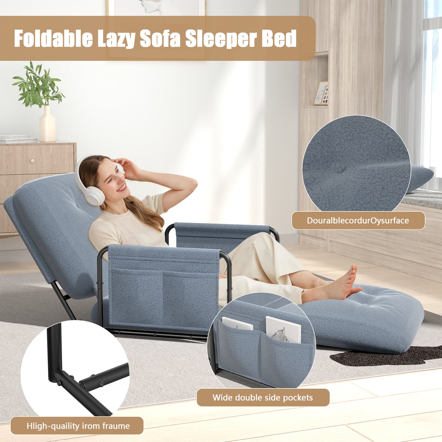 Mr IRONSTONE Convertible Chair Bed, Foldable Lazy Sofa Sleeper Chair with Metal Frame and Armrests, 5-Position Adjustable Lounge Chair with Side Pockets, Grey